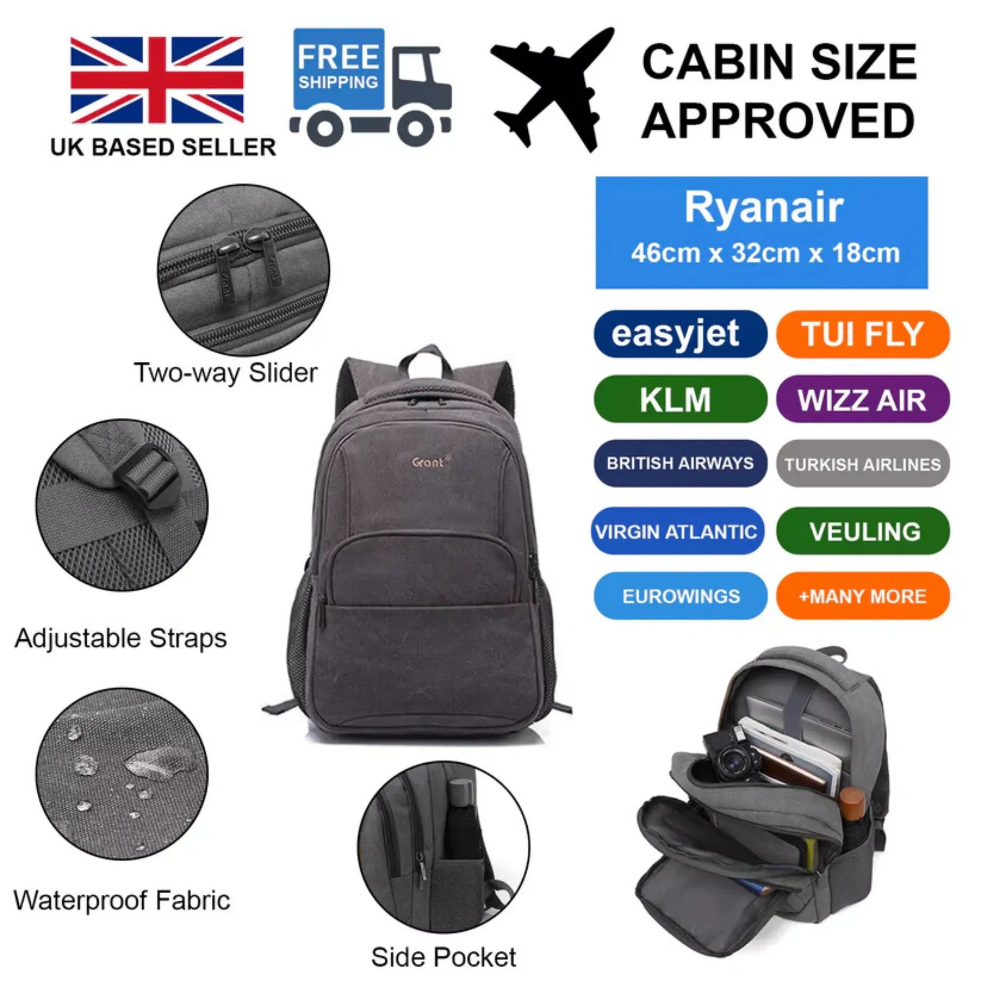 Black backpack with features and compatibility with various airlines displayed.