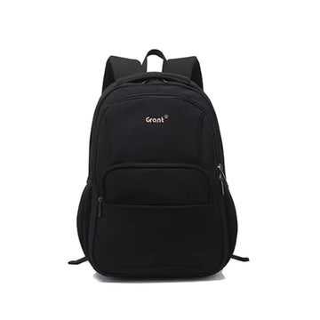 Black backpack with 'Grant' logo on a white background
