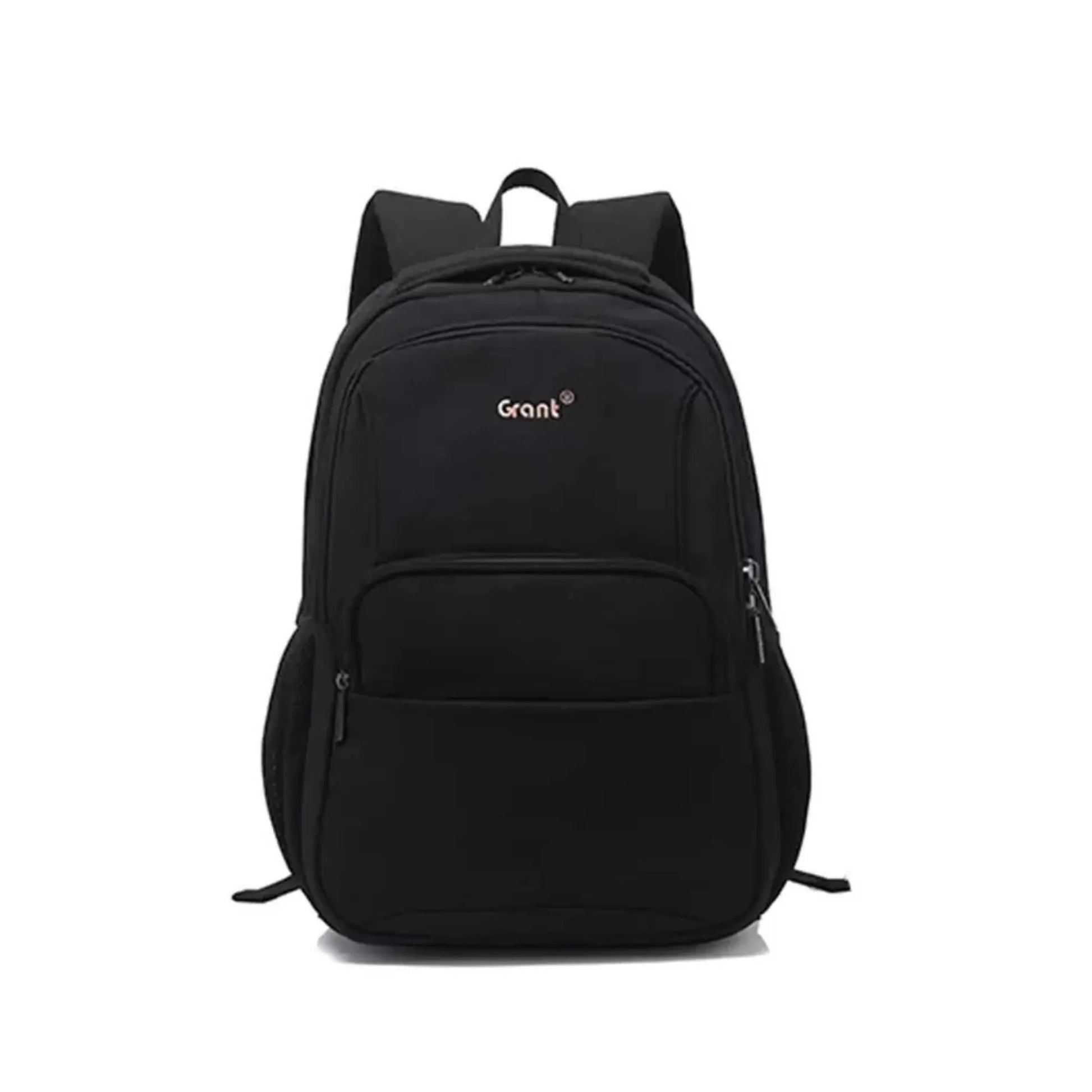 Black backpack with 'Grant' logo on a white background