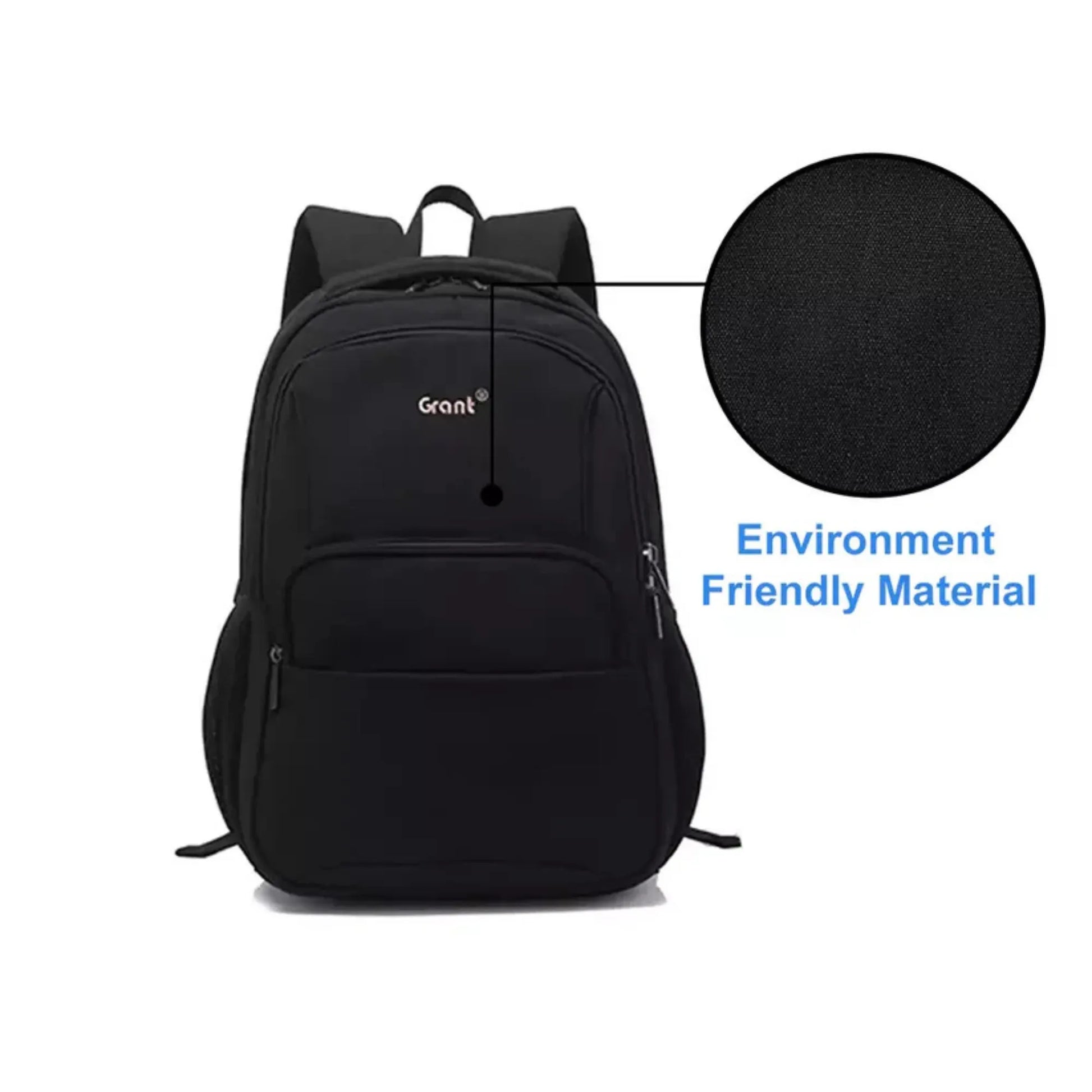 Black backpack with 'Grant' branding on a white background, showing material sample.