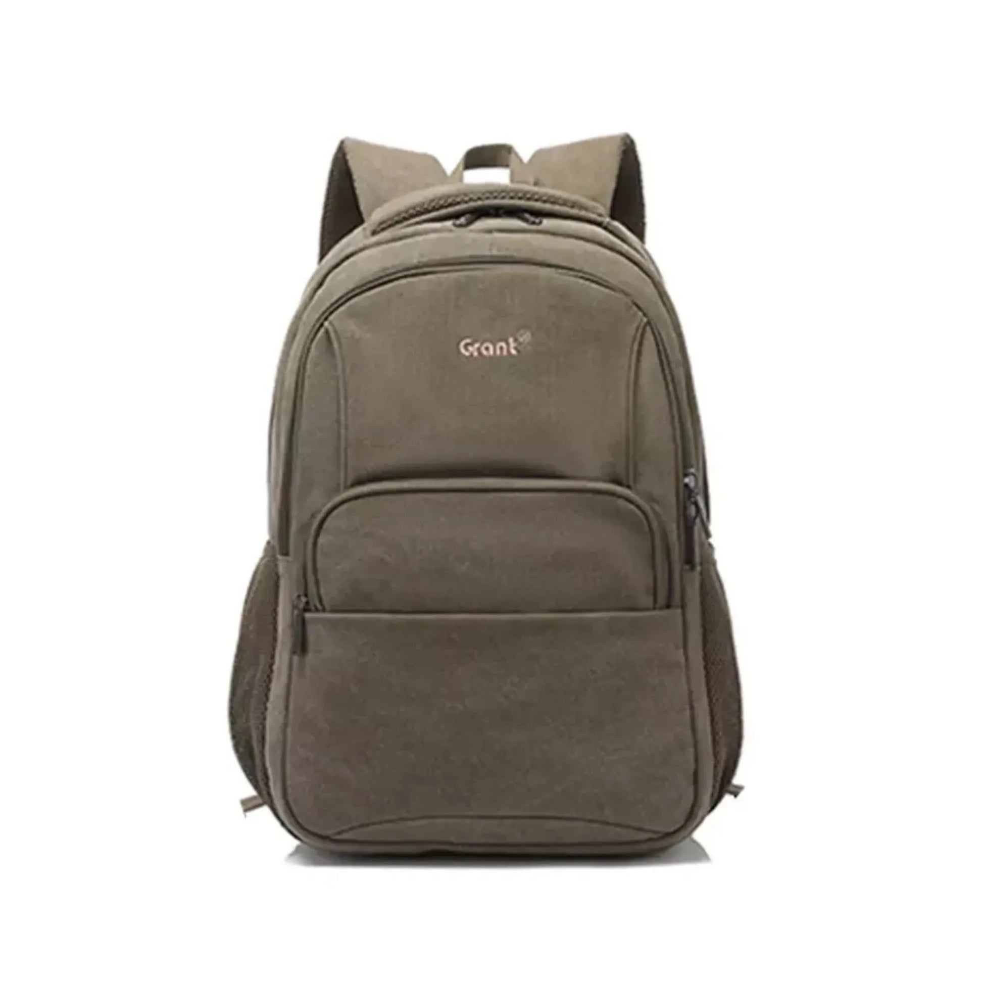 Brown backpack with 'Grant' logo on a white background