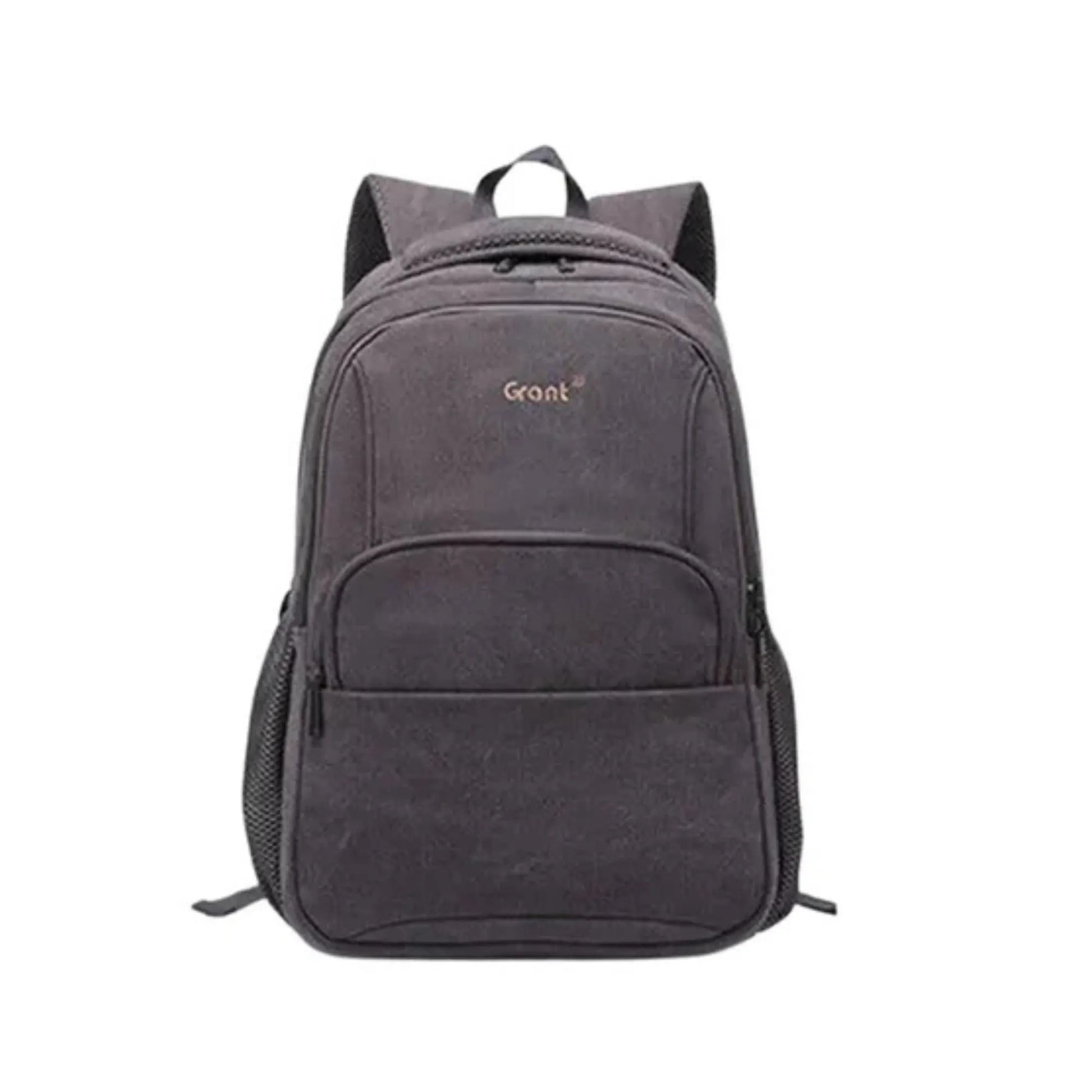 Gray backpack with 'Grant' branding on a white background