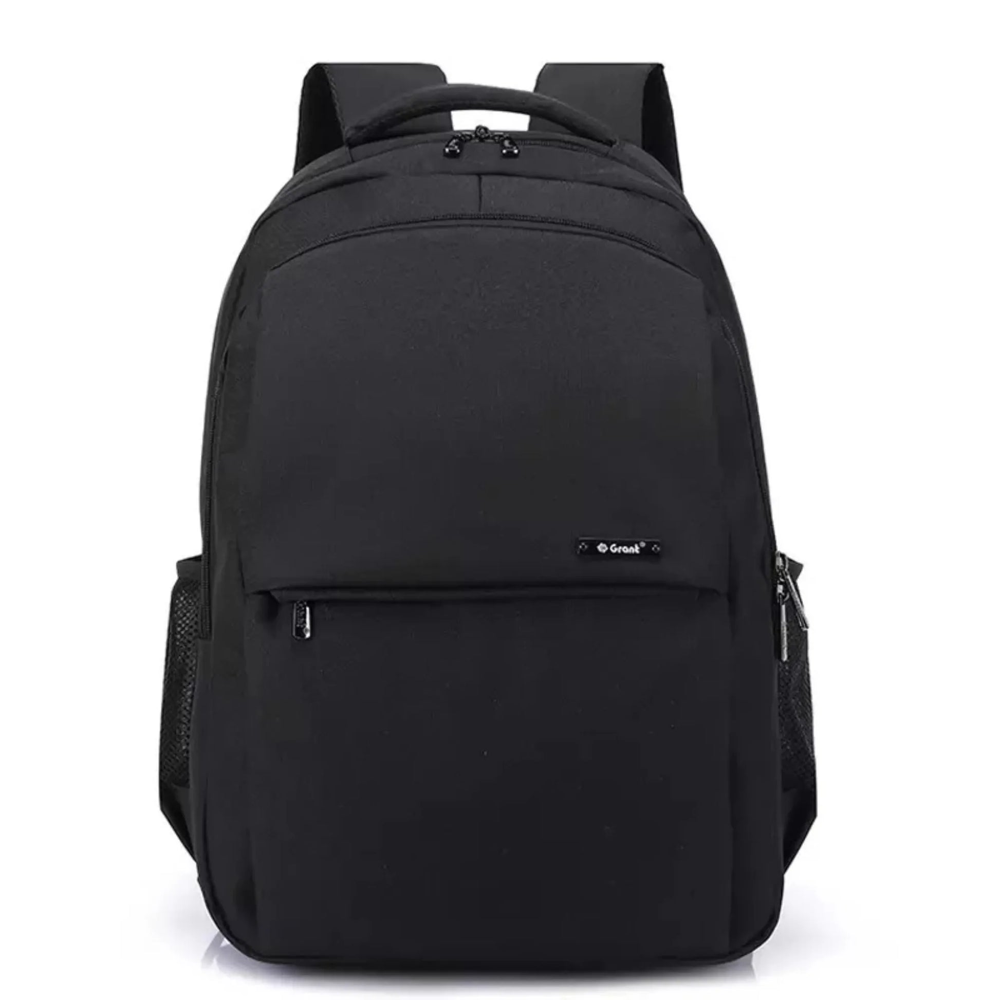 Black backpack with a brand logo on a white background