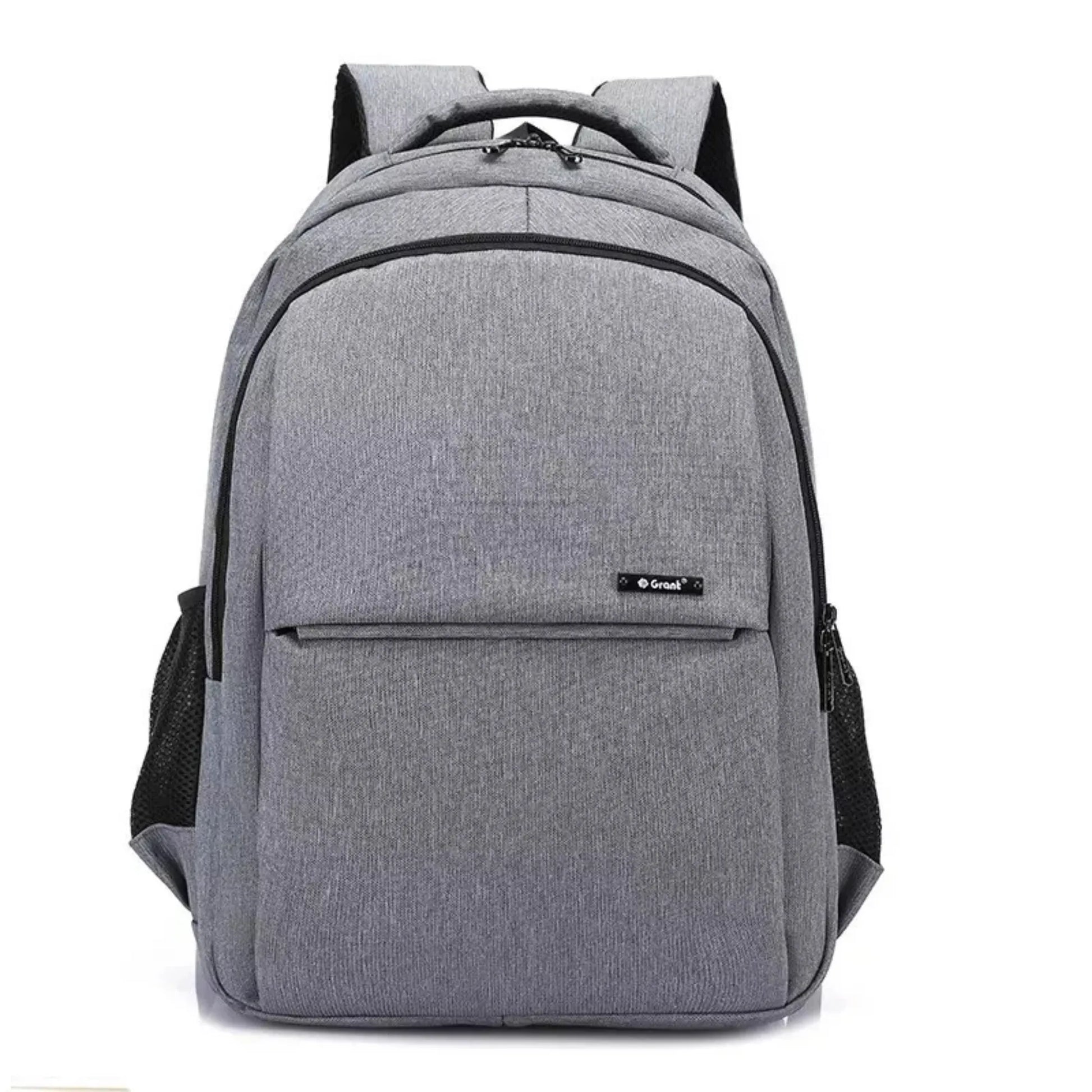Gray backpack with a visible brand logo on a white background