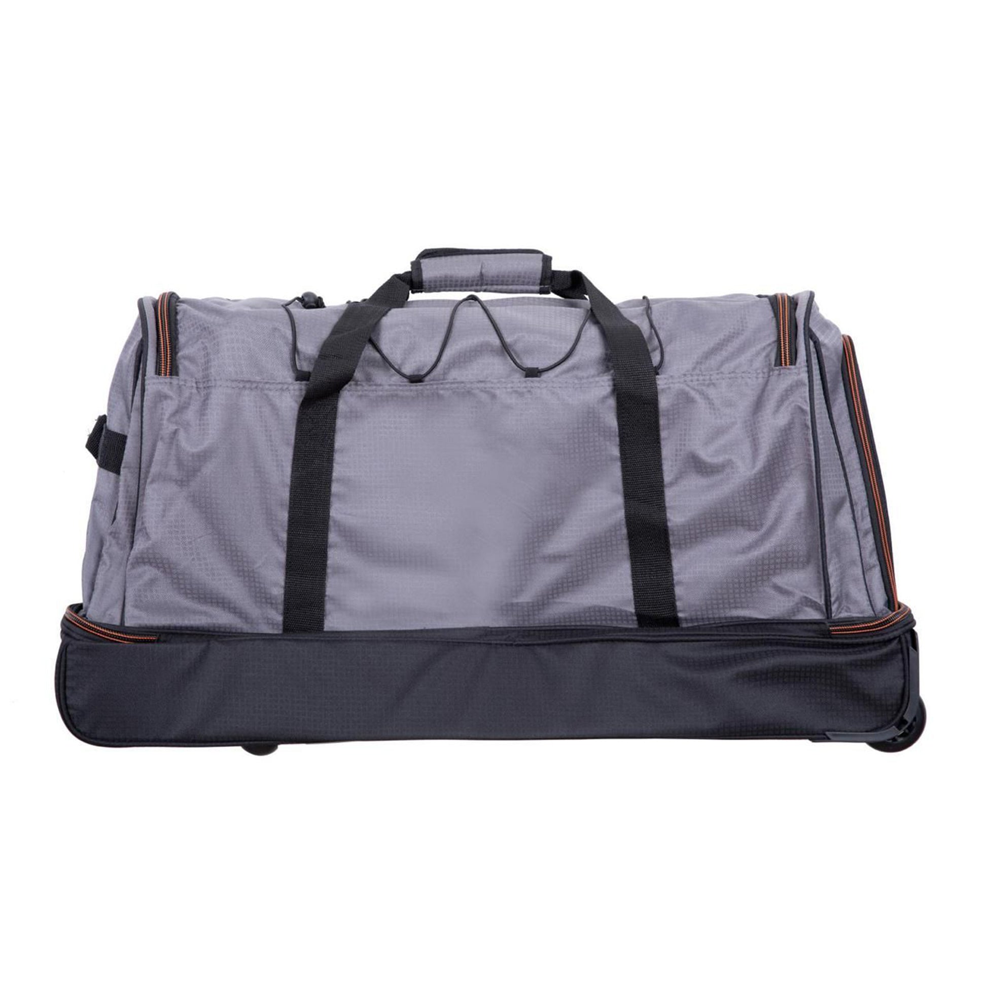 Gray rolling duffel bag with black straps on a white background