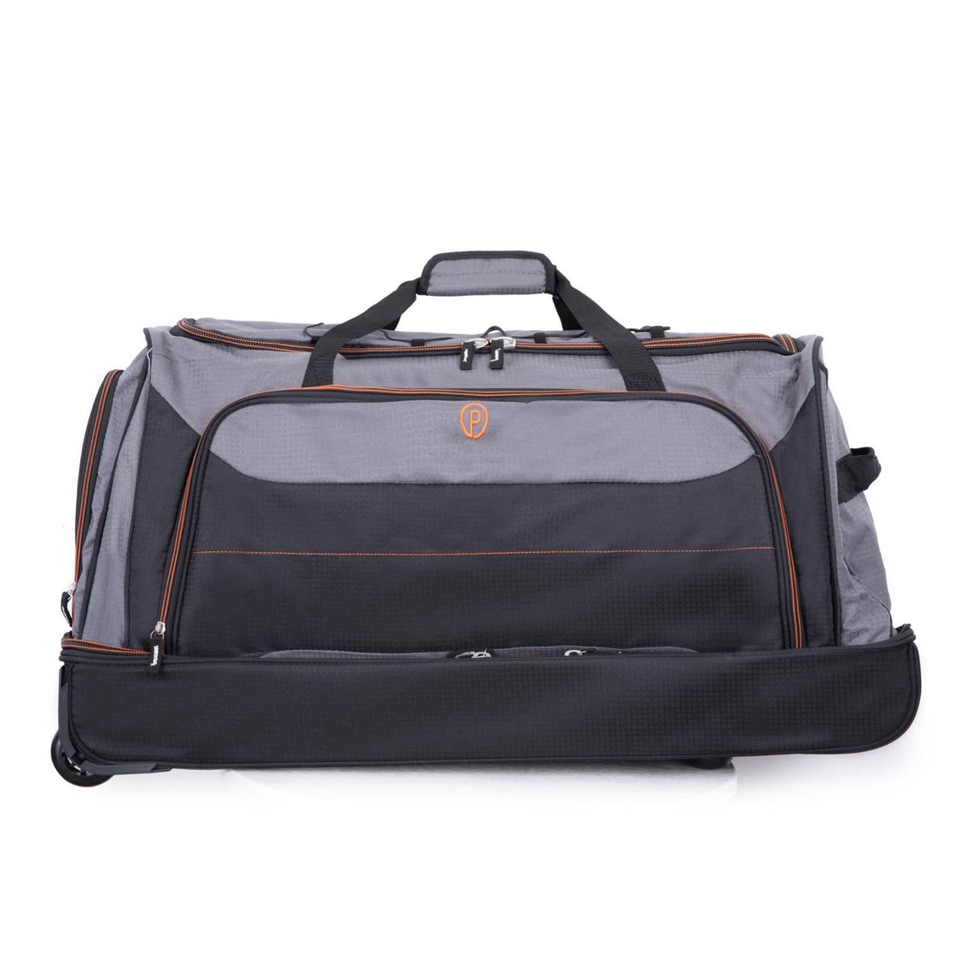 Gray and black rolling duffel bag on a white background