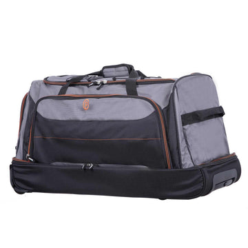 Gray and black suitcase with orange accents on a white background