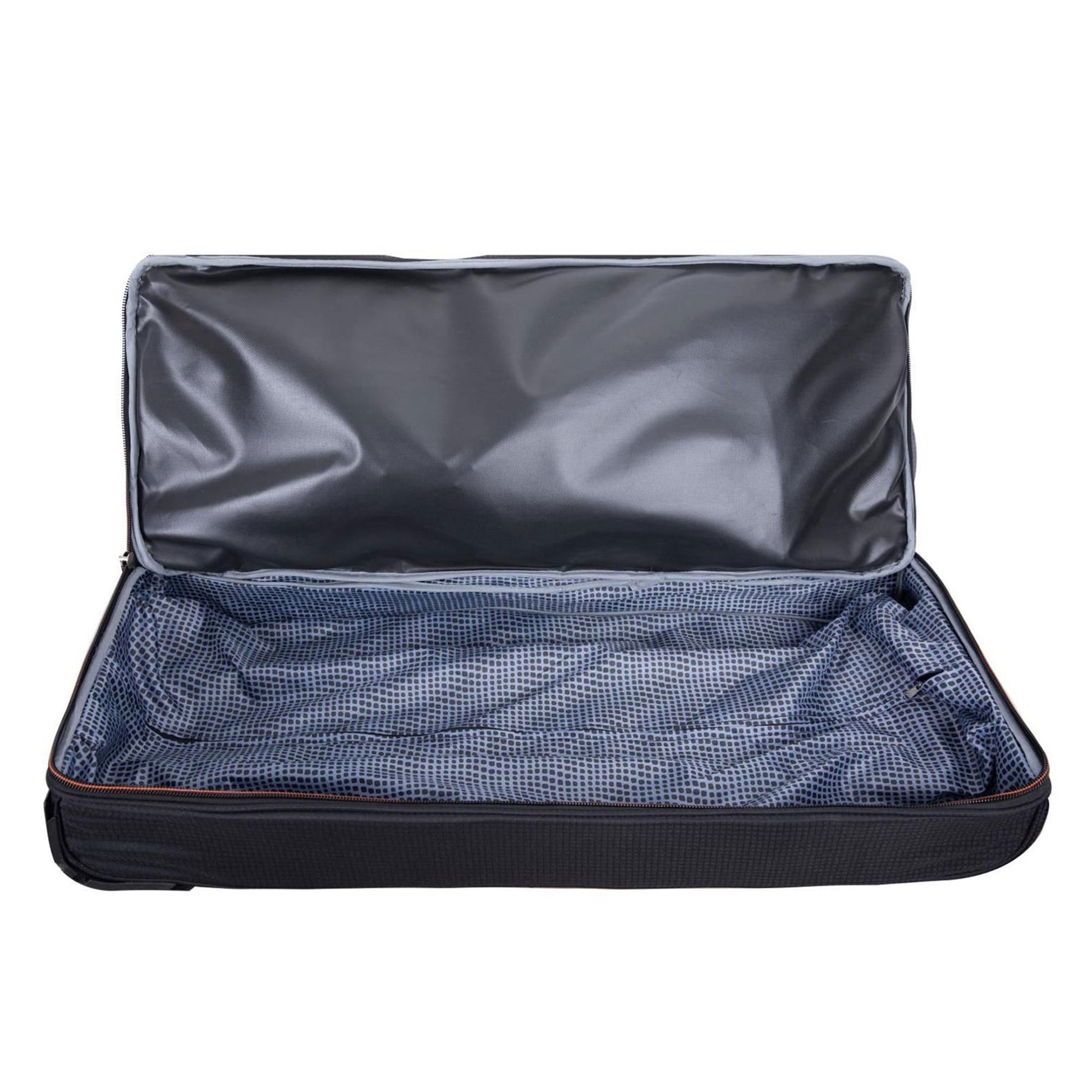 Open suitcase with blue interior on a white background