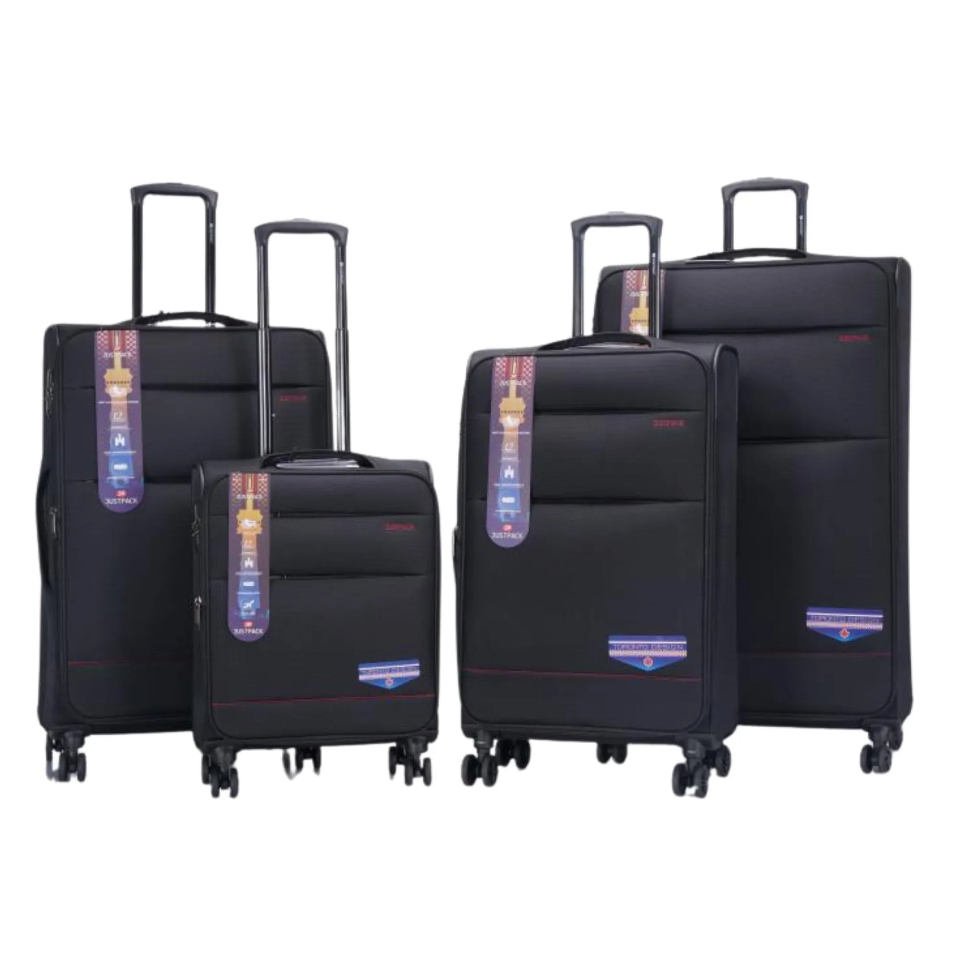 Set of black suitcases with visible brand logo on a white background
