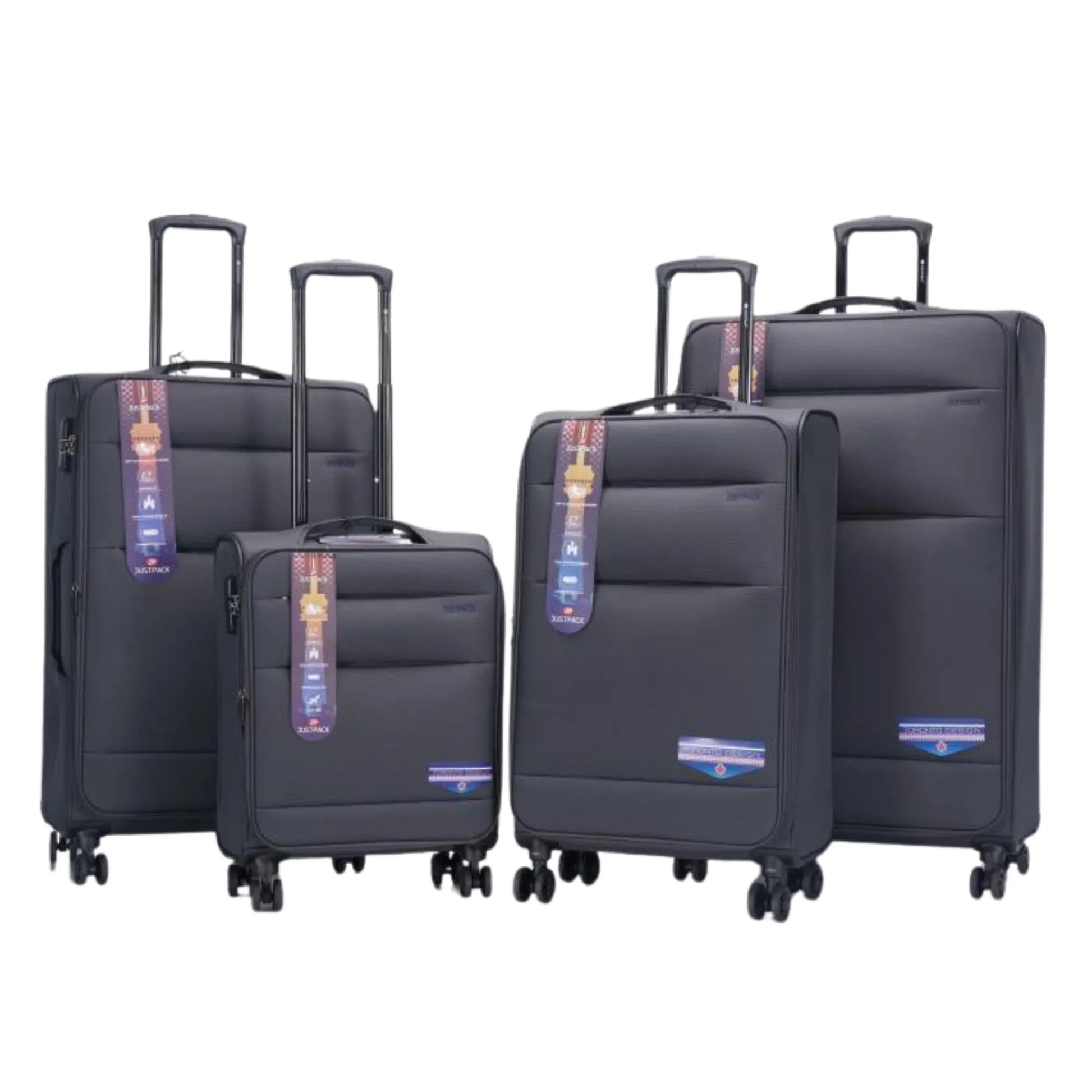 Set of four black suitcases with visible brand labels on a white background