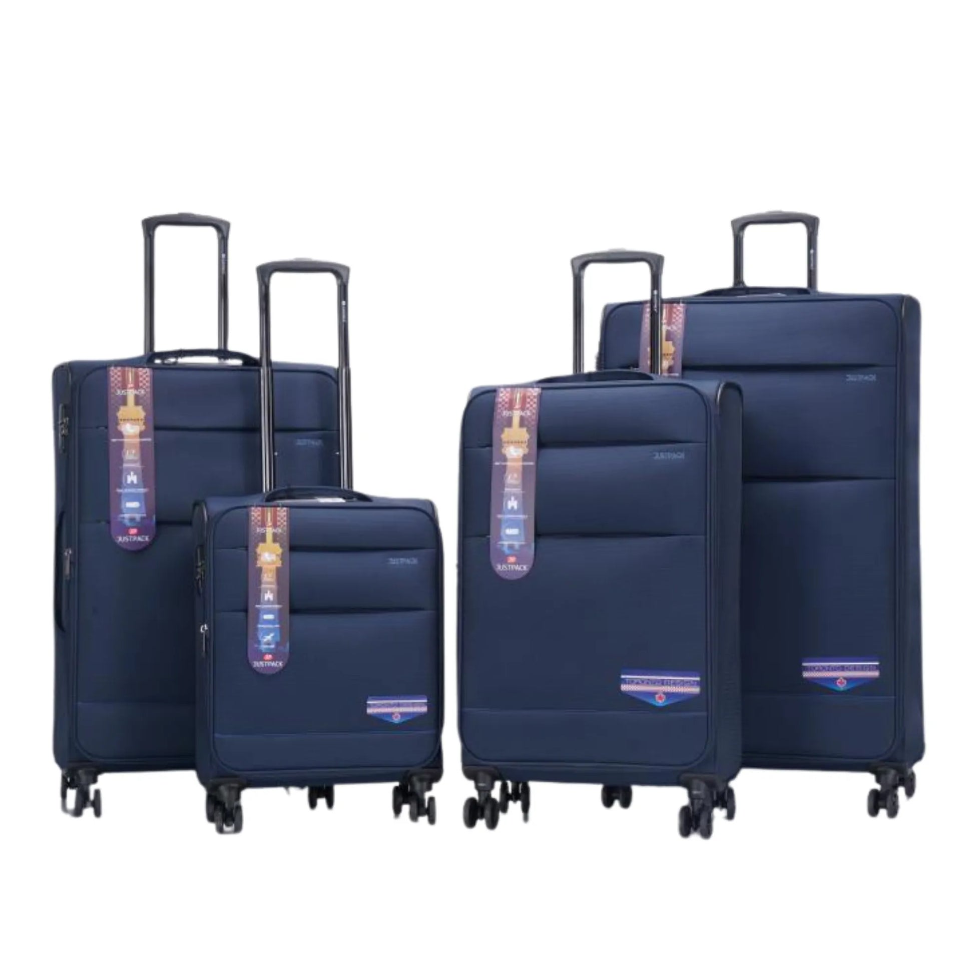 Set of four navy blue suitcases with visible brand logo on a white background