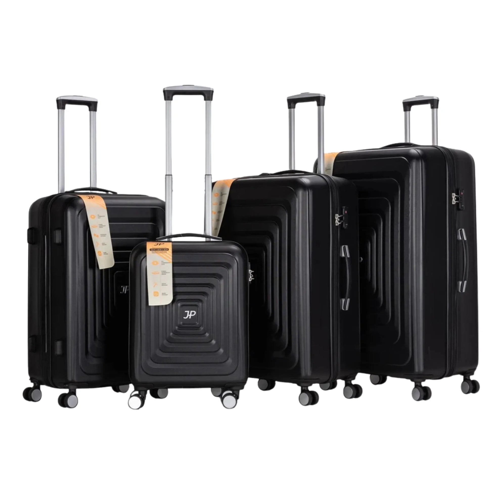 Set of black suitcases with visible brand logo on a white background