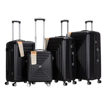 Set of black suitcases with visible brand logo on a white background