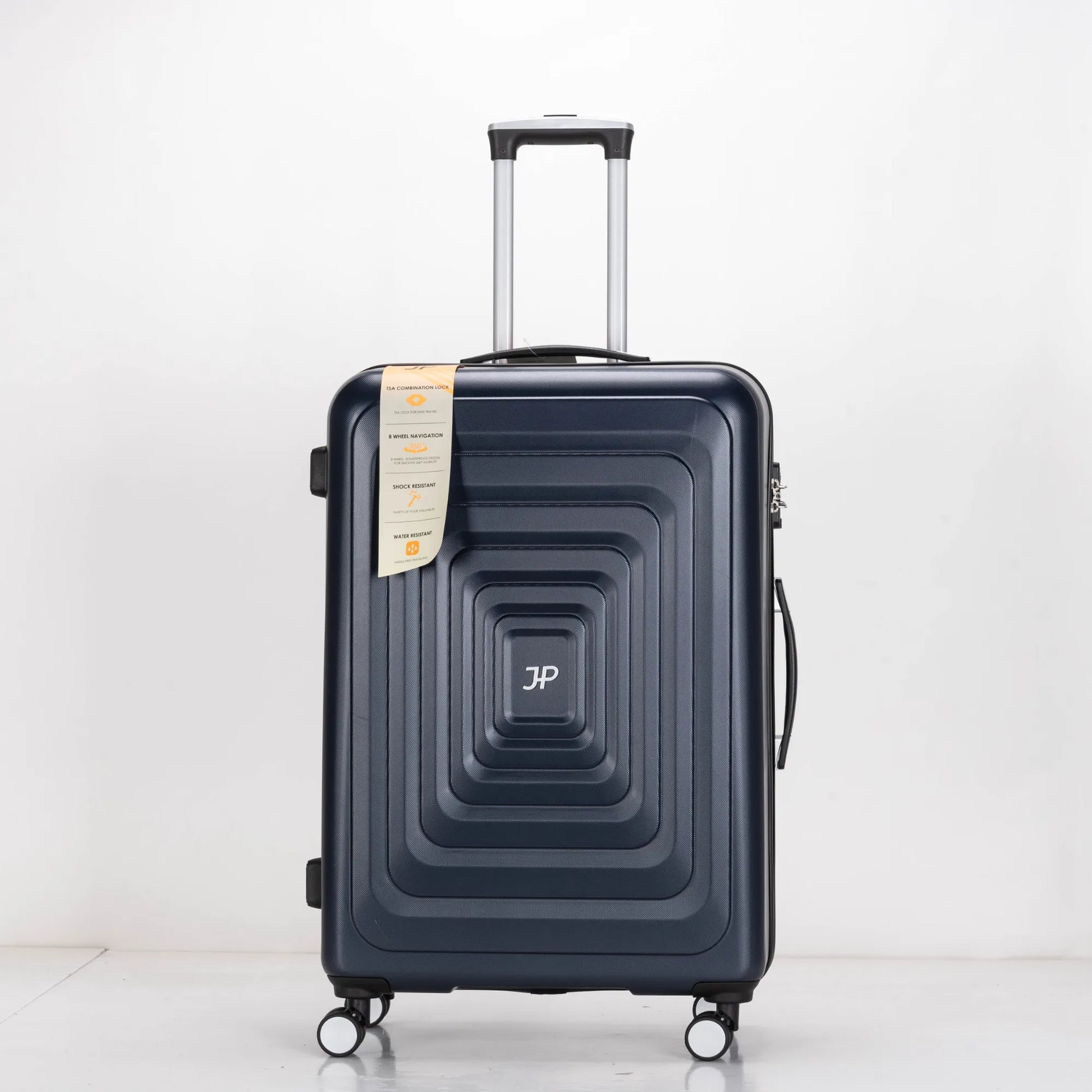 Black suitcase with a brand logo on a white background