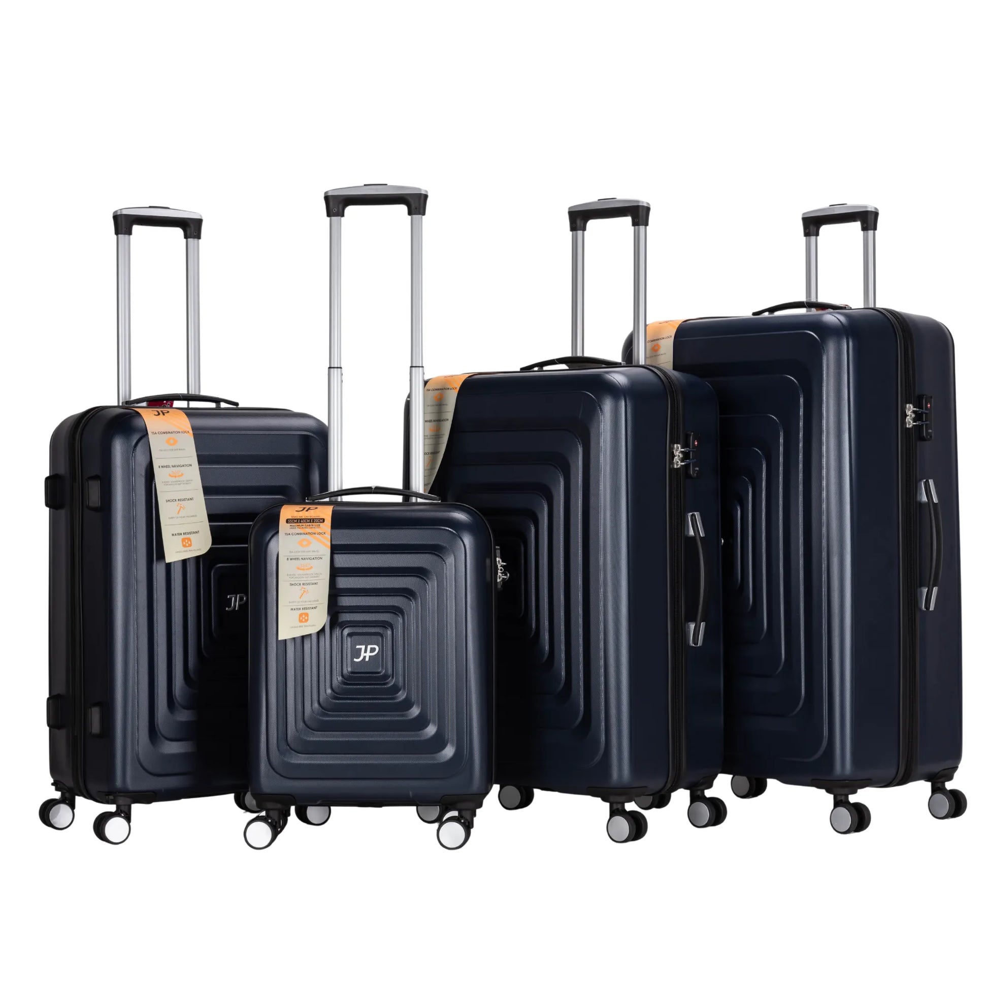 Set of black suitcases with visible brand logo on a white background