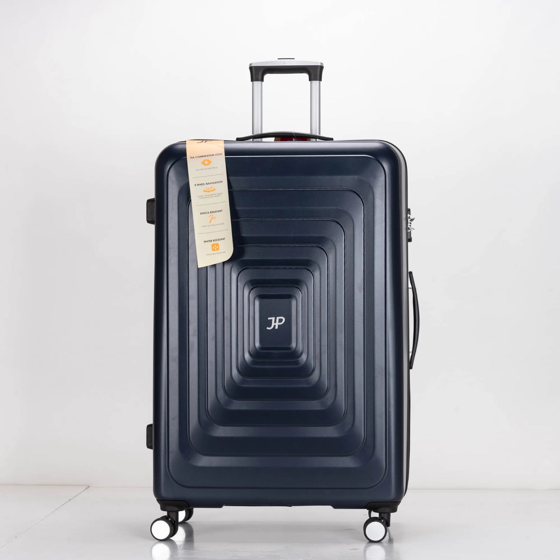 Navy blue suitcase with a visible brand logo on a white background