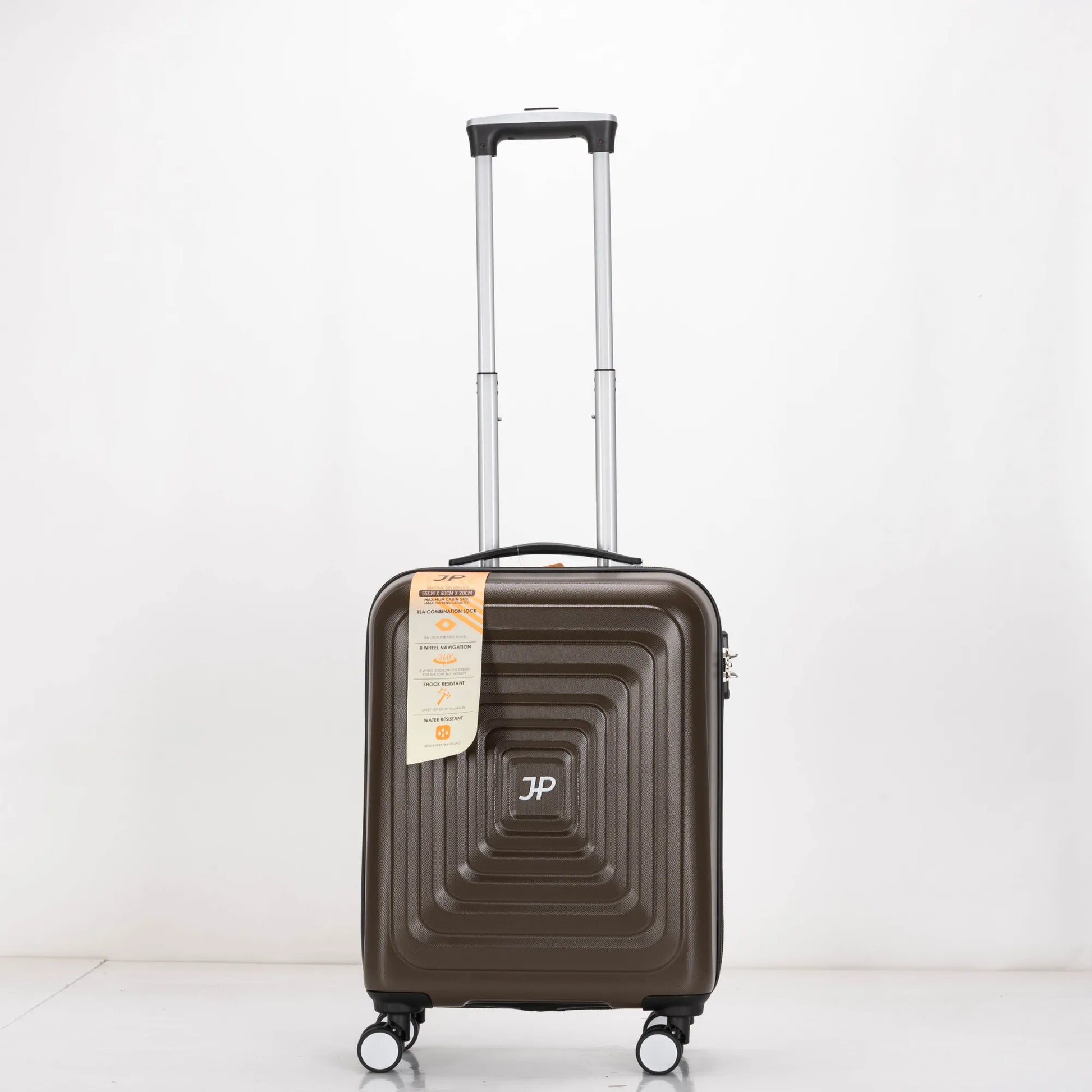 Brown suitcase with a visible brand logo on a white background