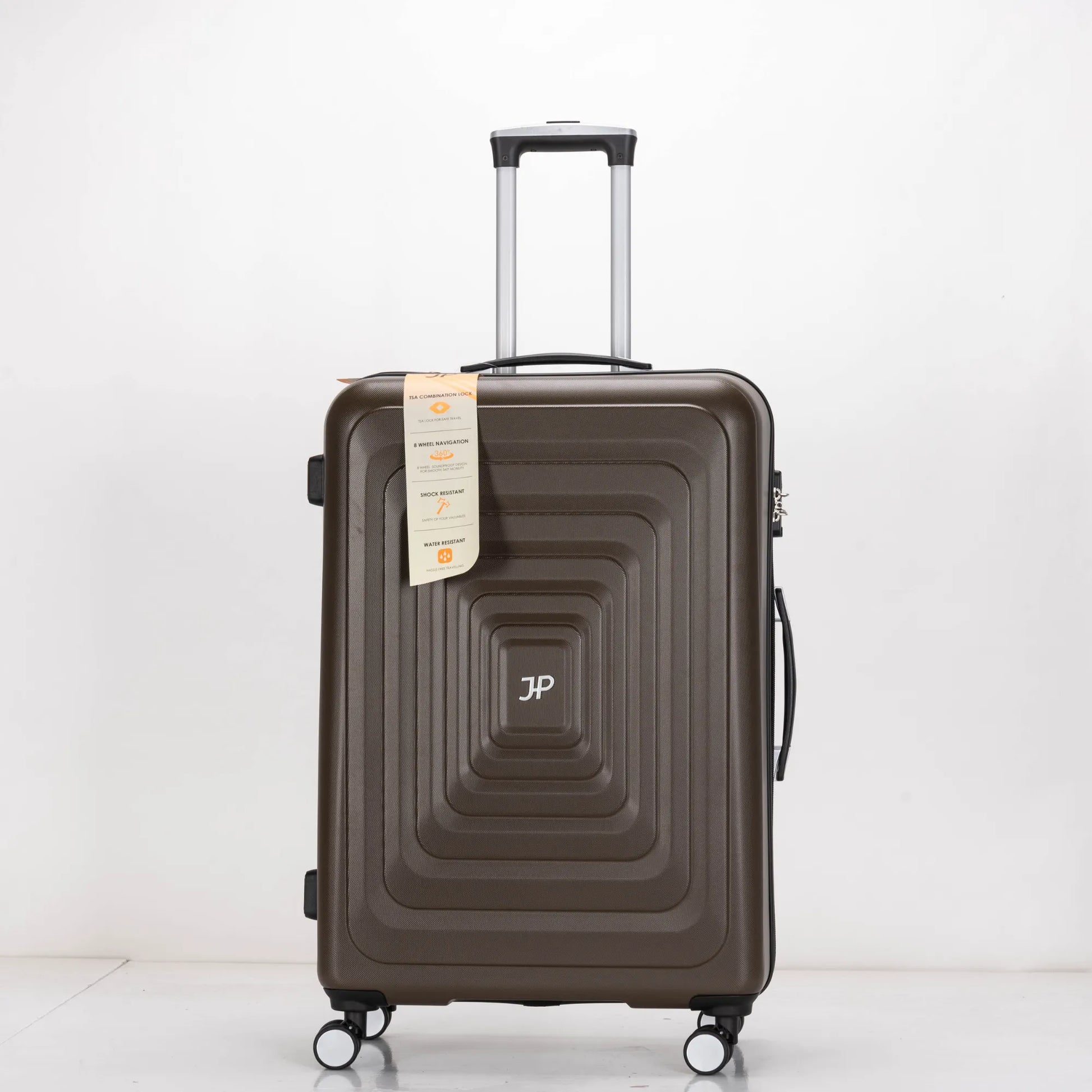 Brown suitcase with a visible brand logo on a white background