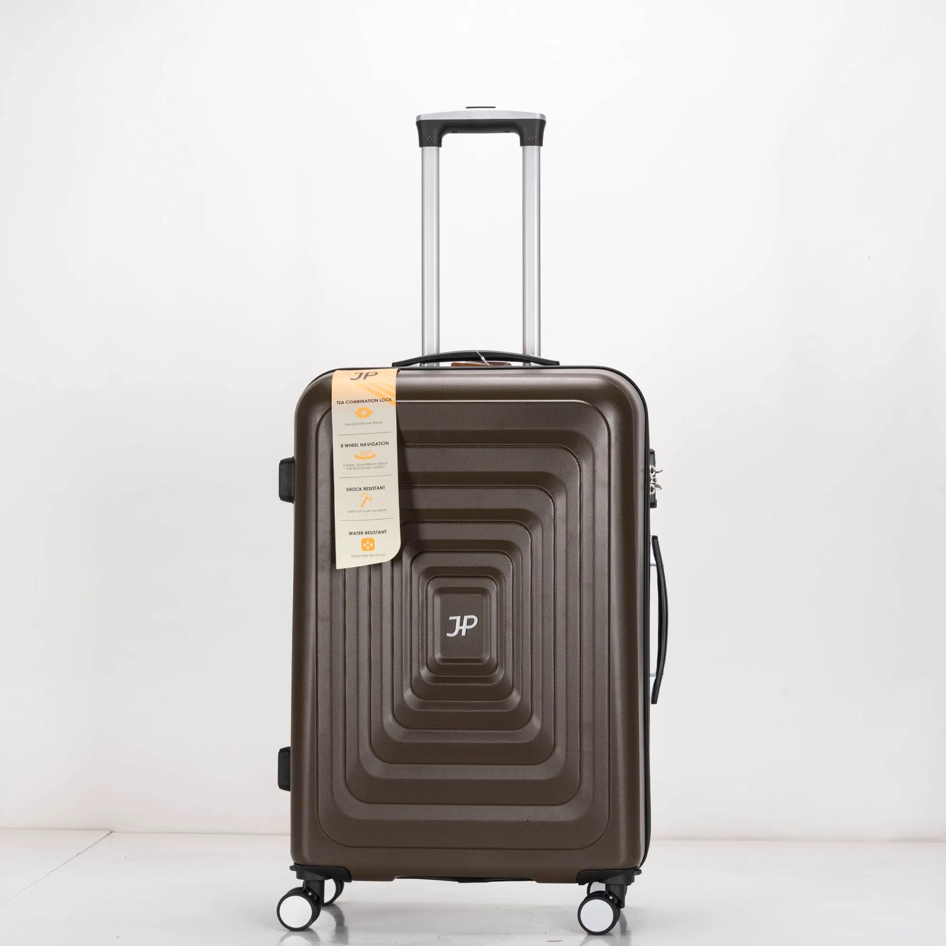 Brown suitcase with a visible brand logo on a white background