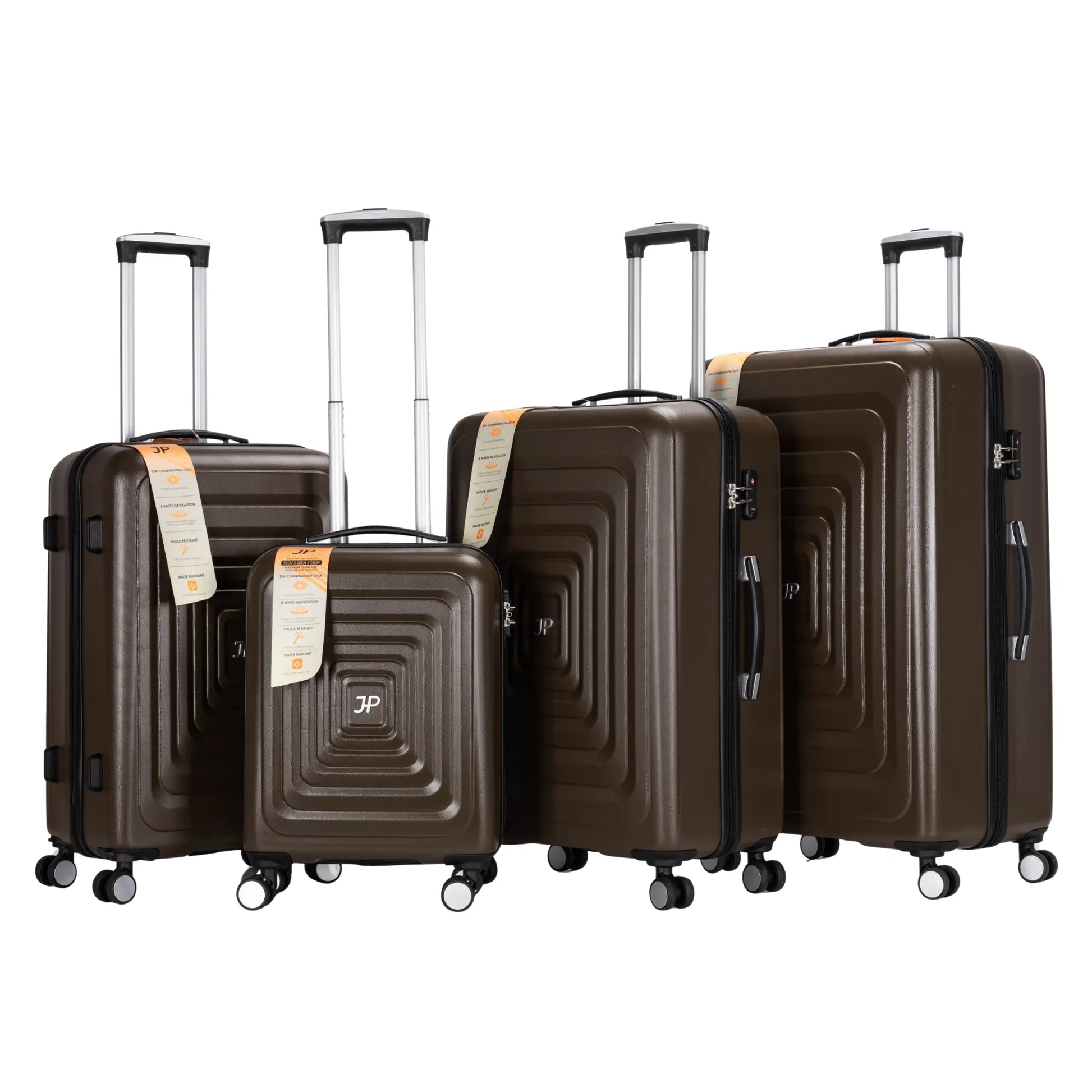Set of brown suitcases with visible brand logo on a white background