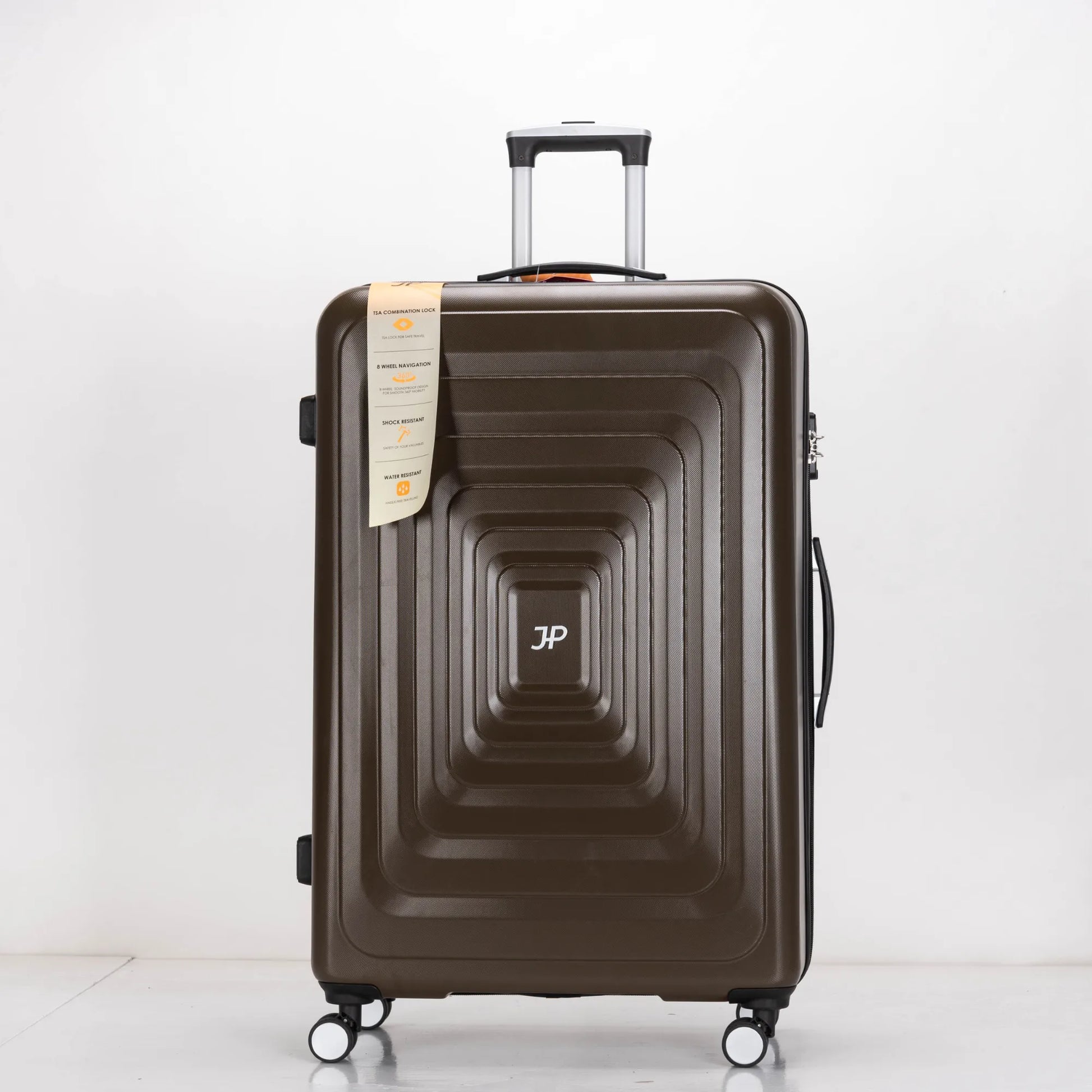 Brown suitcase with a visible brand logo on a white background