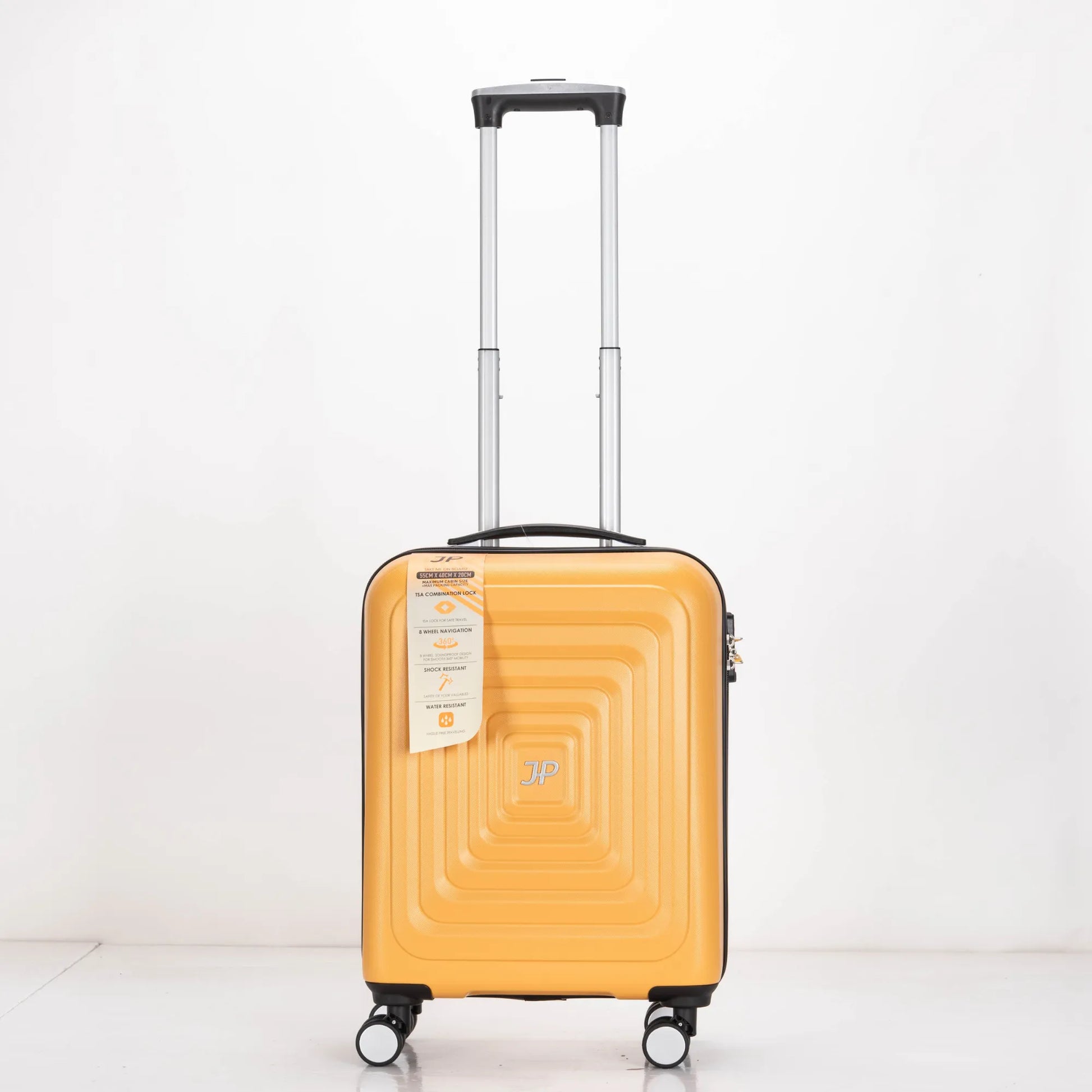 Yellow suitcase with a geometric pattern on a white background