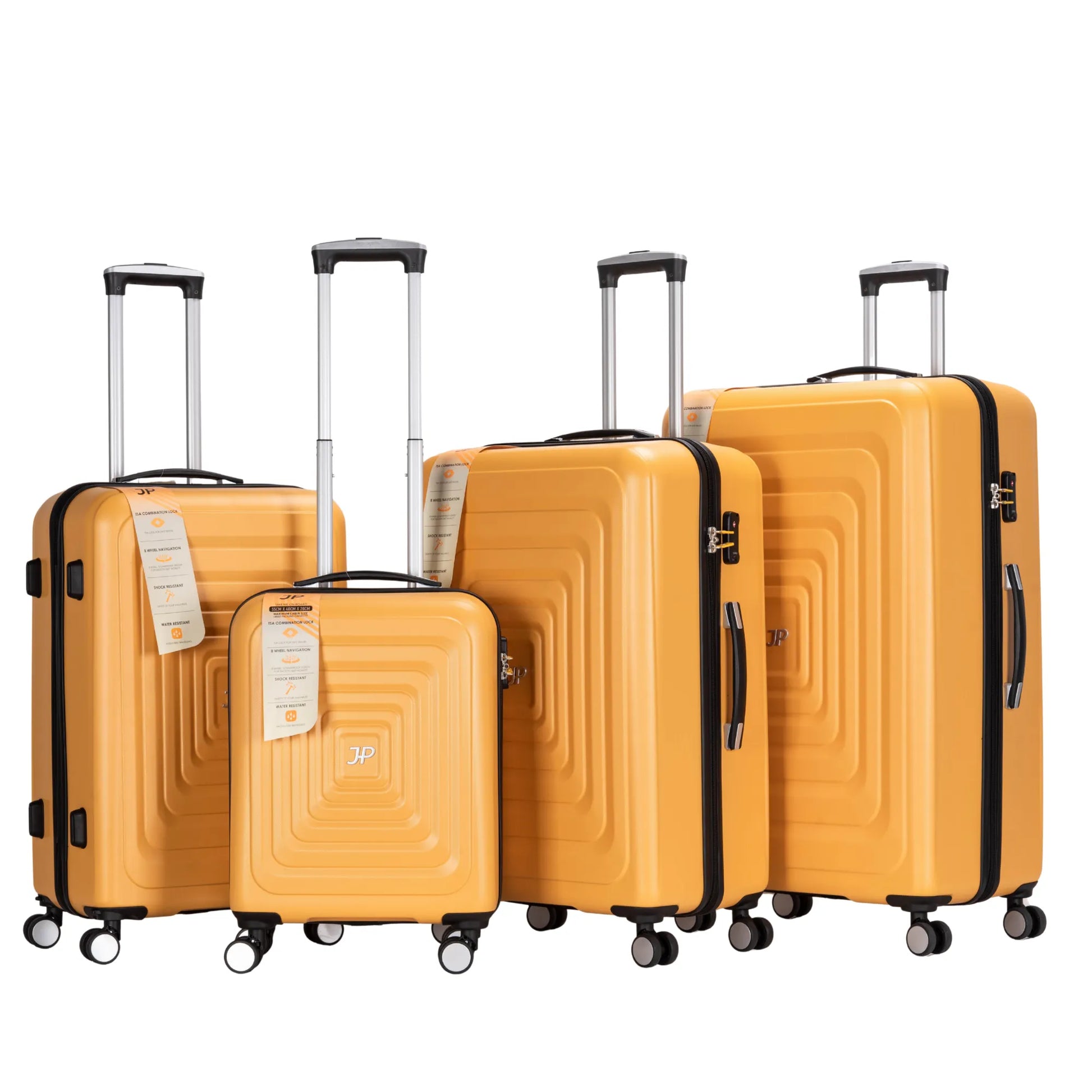 Set of yellow suitcases with textured surface and wheels on a white background