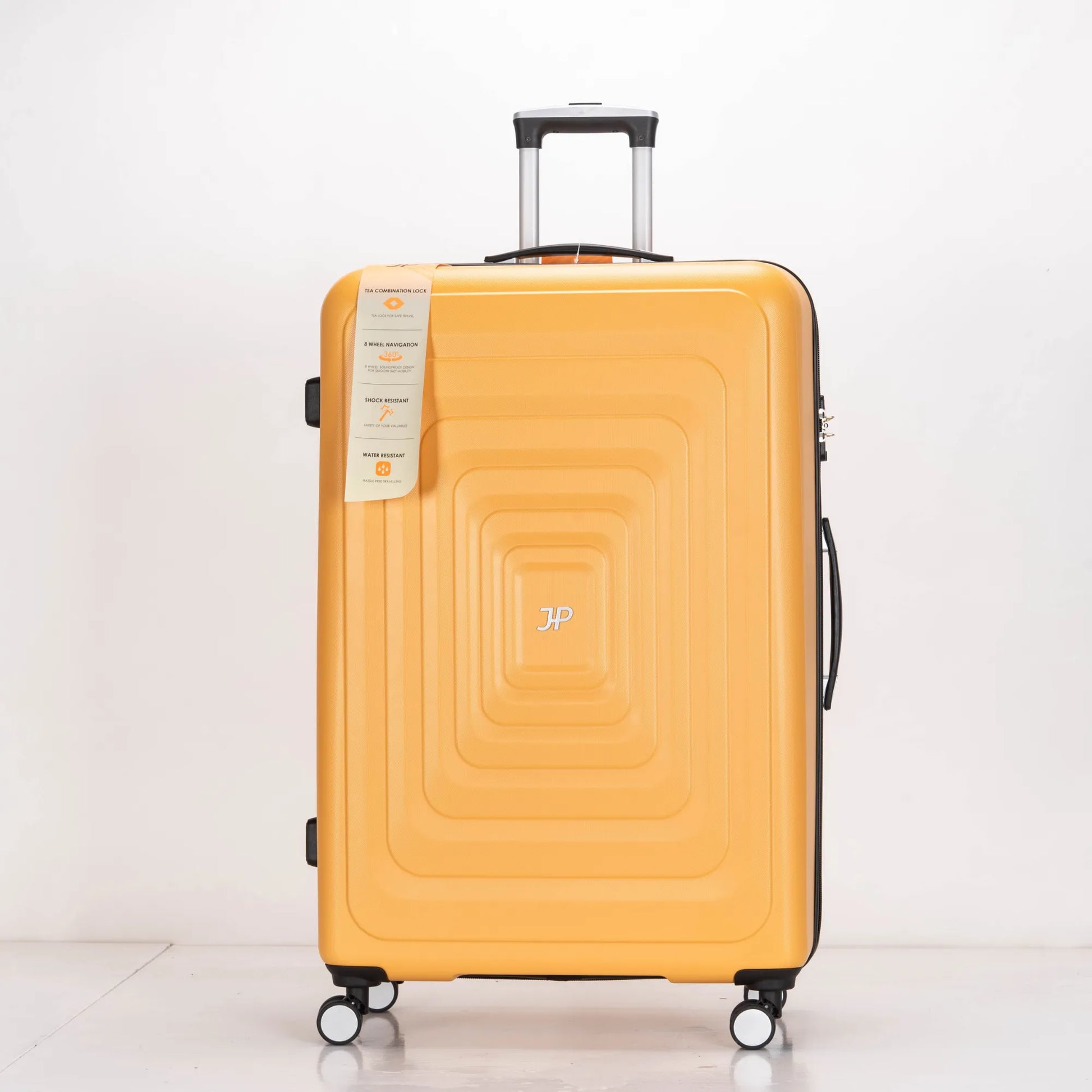 Yellow suitcase with a visible brand logo on a white background