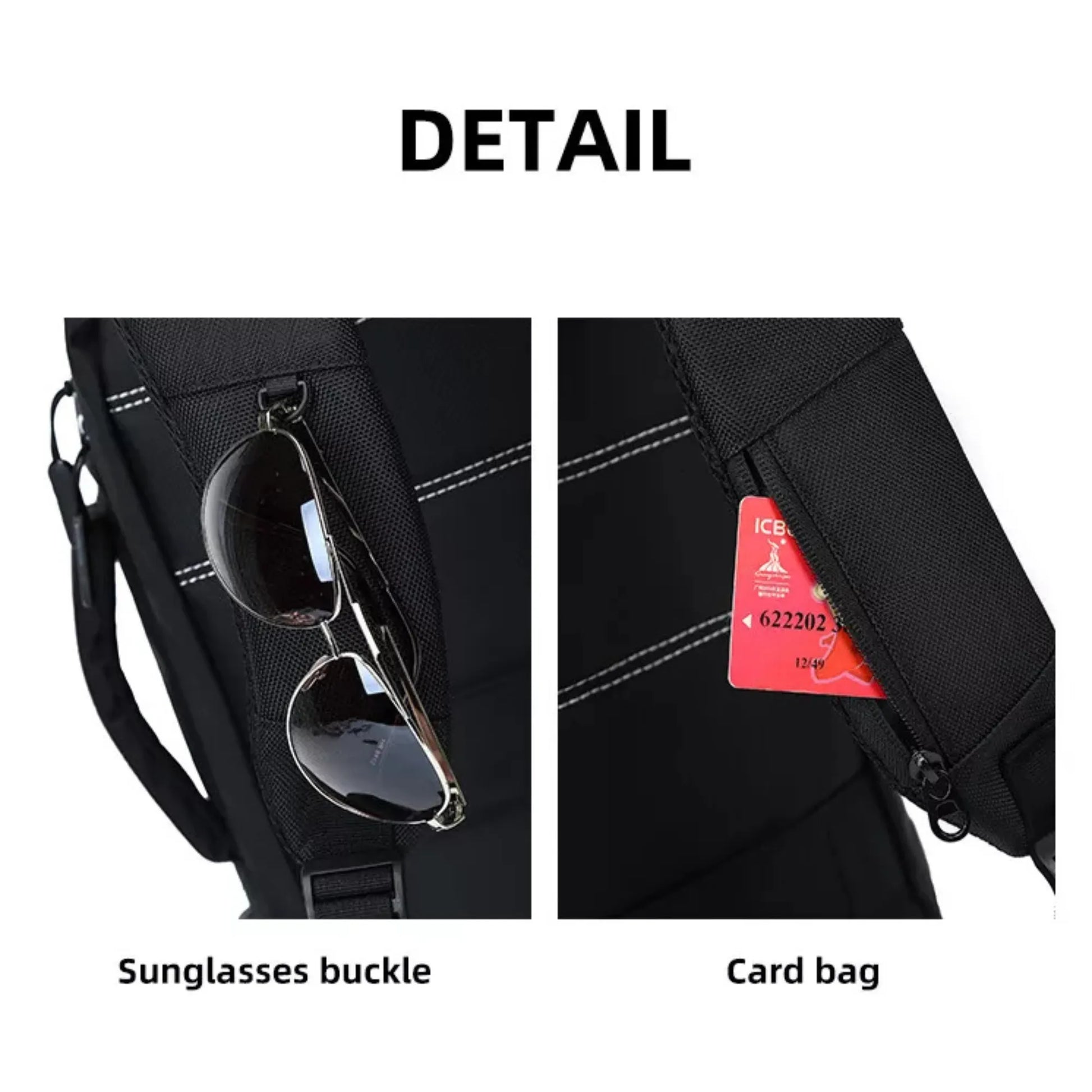 Black backpack with sunglasses buckle and card bag pocket on a white background