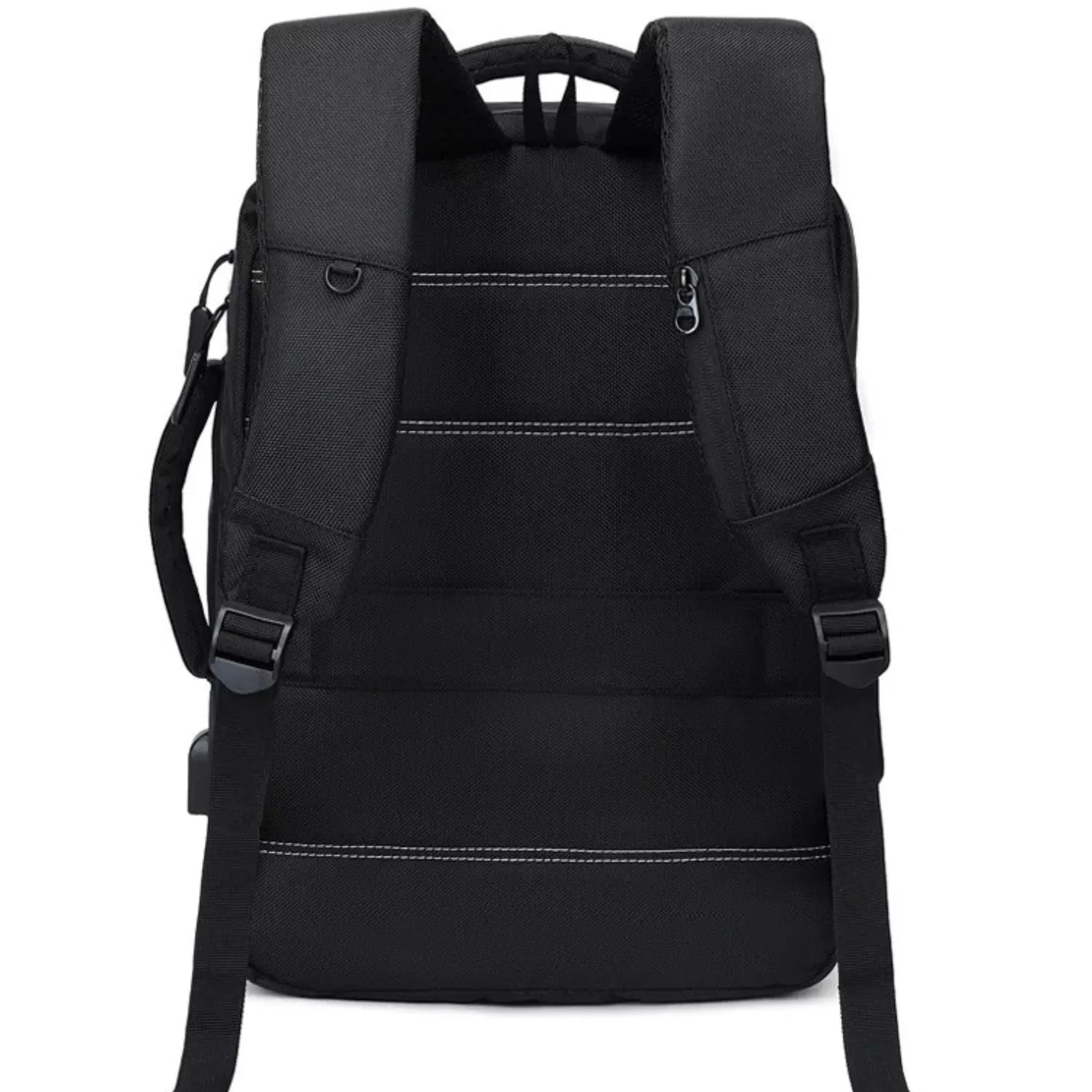 Black backpack with multiple pockets and straps on a white background
