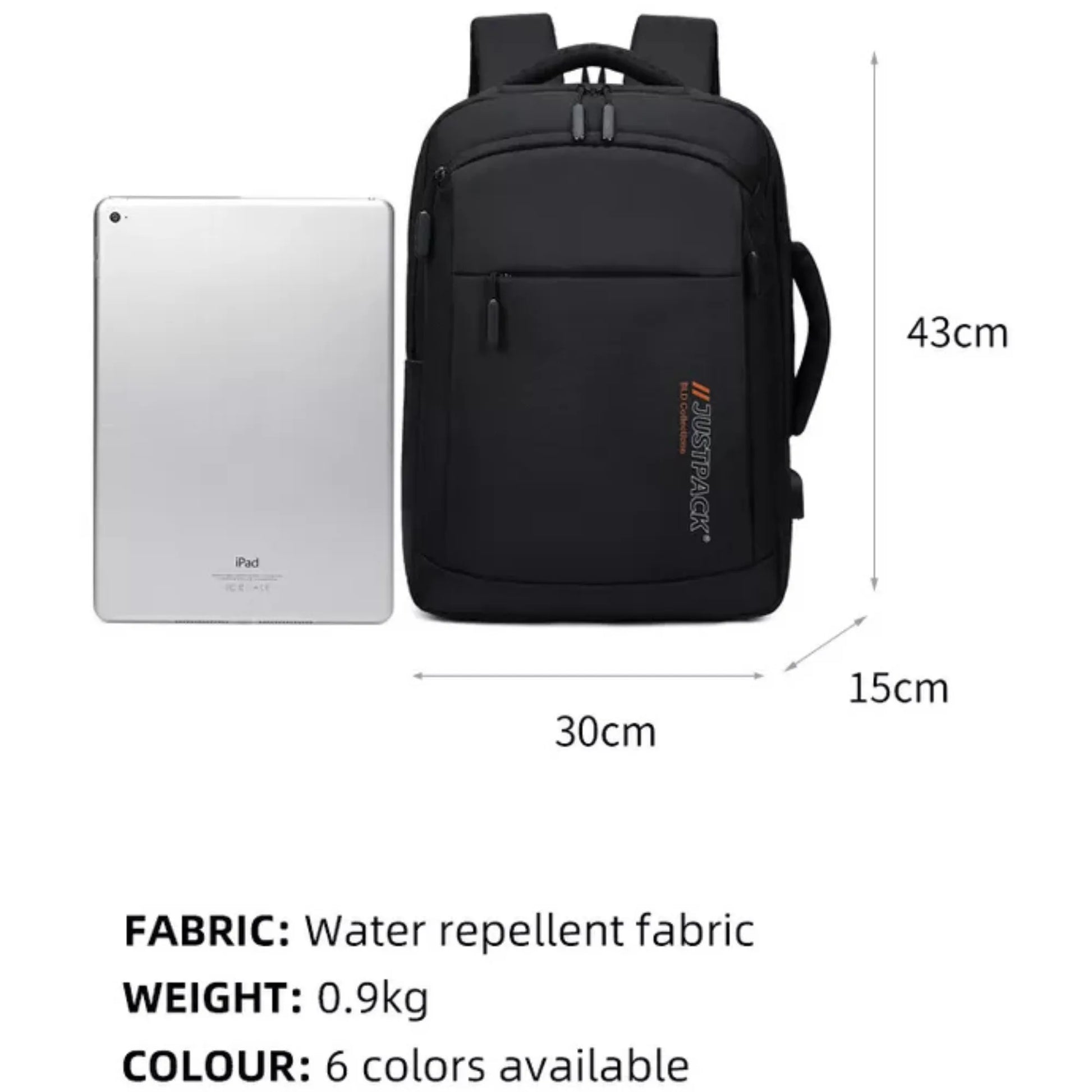 Black backpack with dimensions and product details on a white background