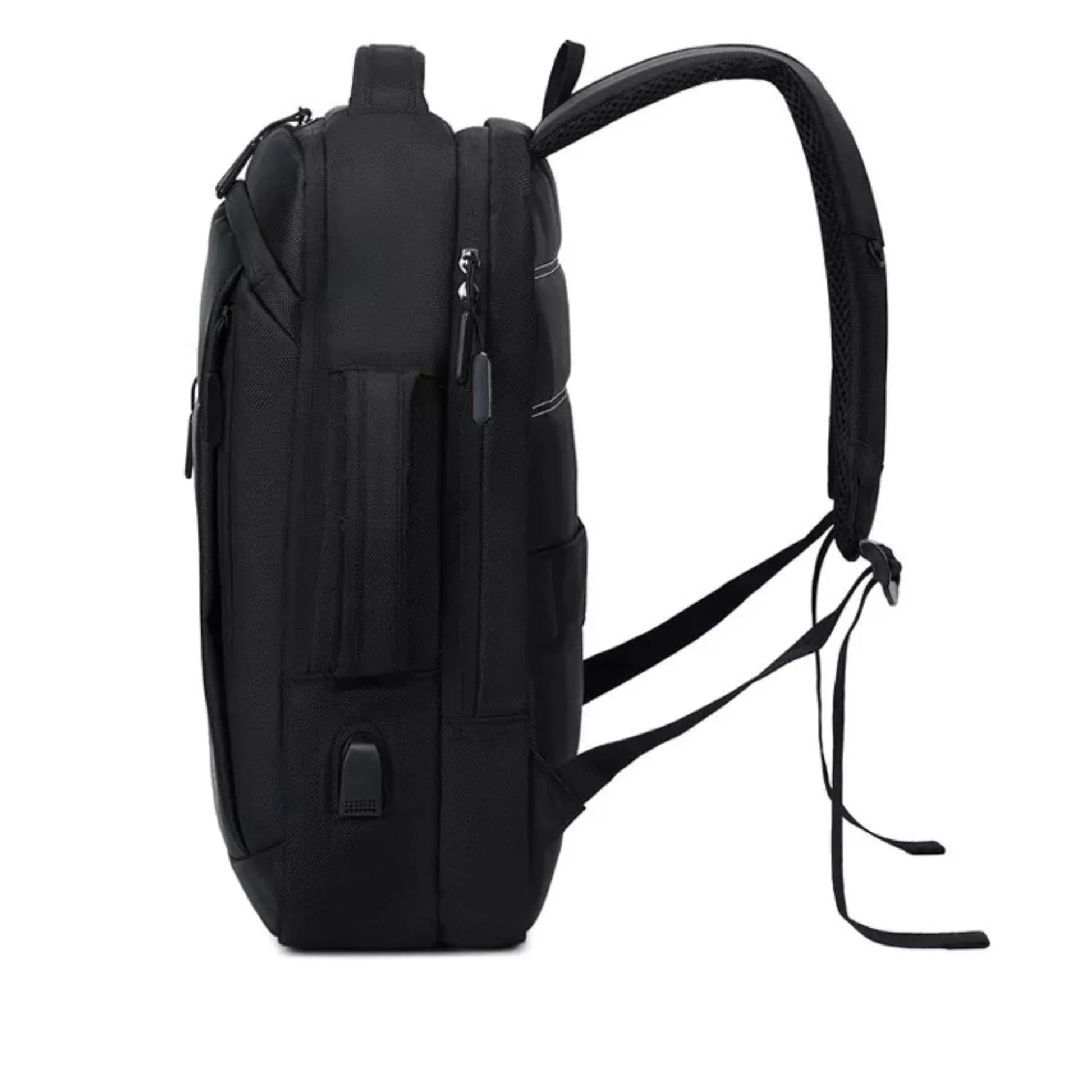 Black backpack with multiple pockets and straps on a white background