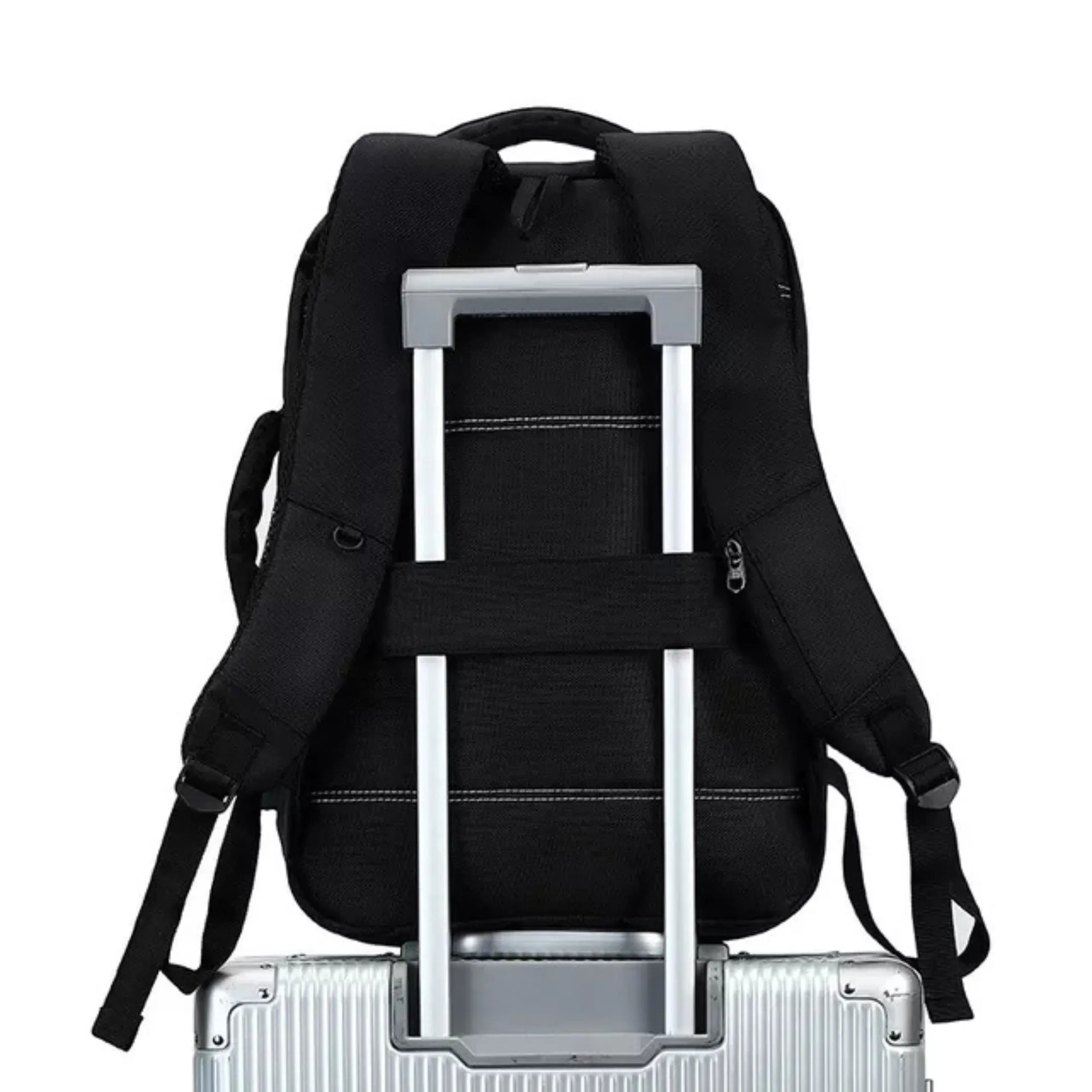 Black backpack with wheels attached to a silver suitcase on a white background