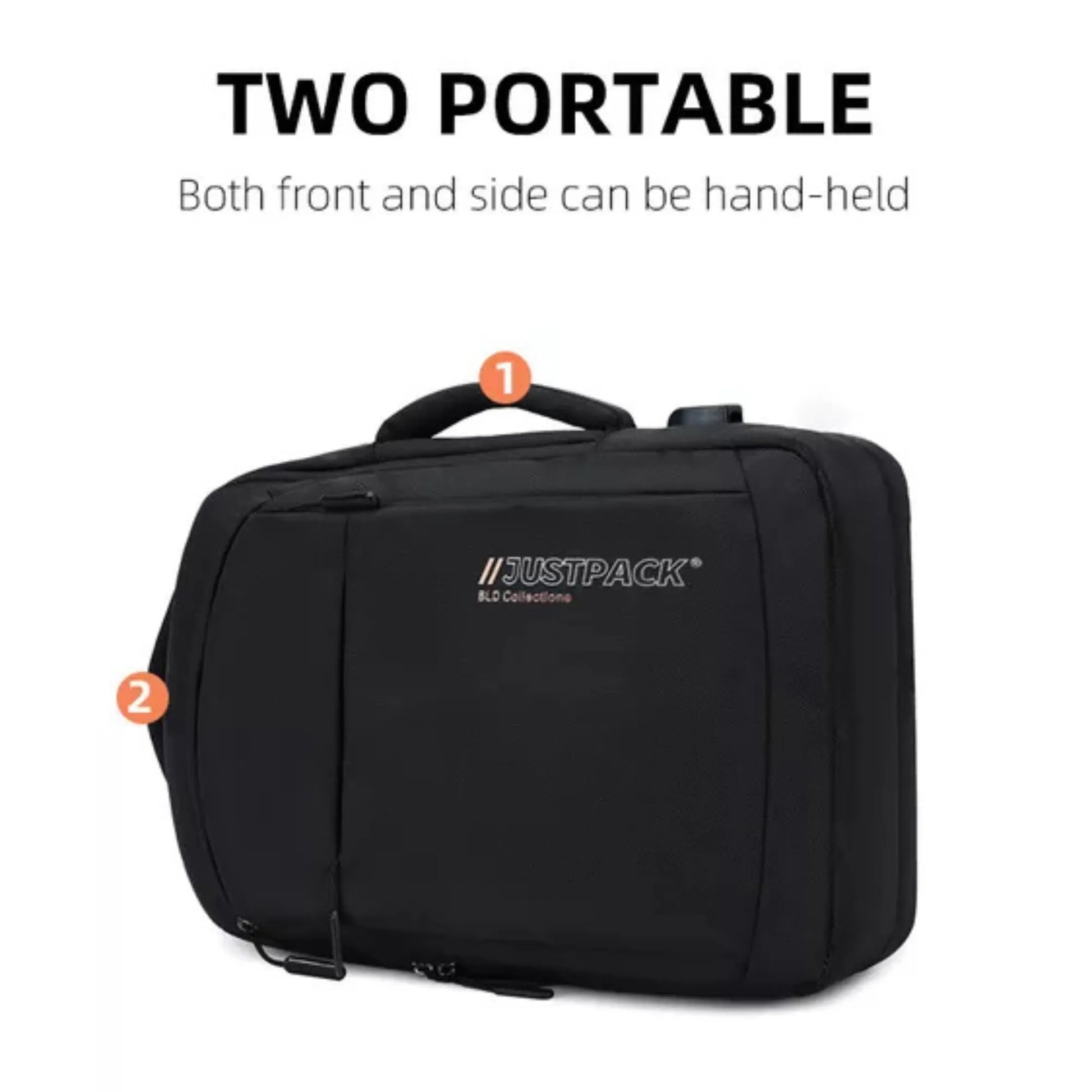 Black portable bag with 'BUSTPACK' branding on a white background