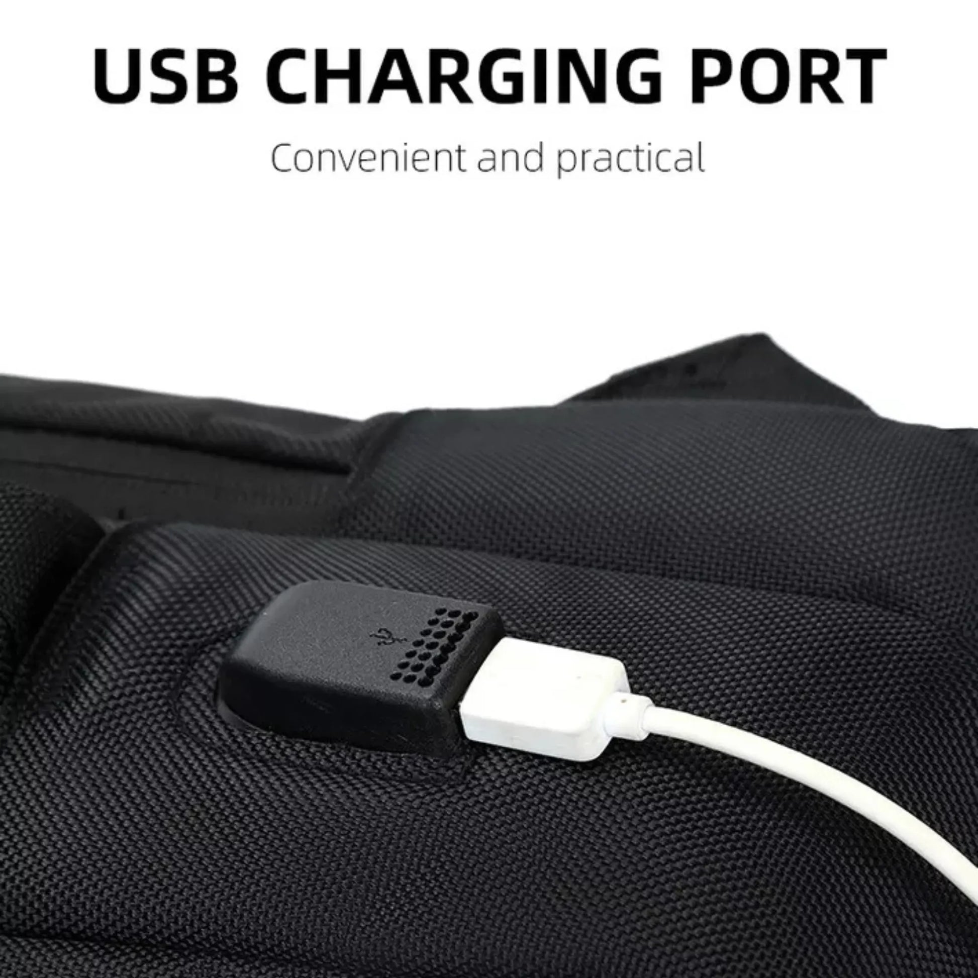 Black device with USB charging port attached to a black bag on a white background