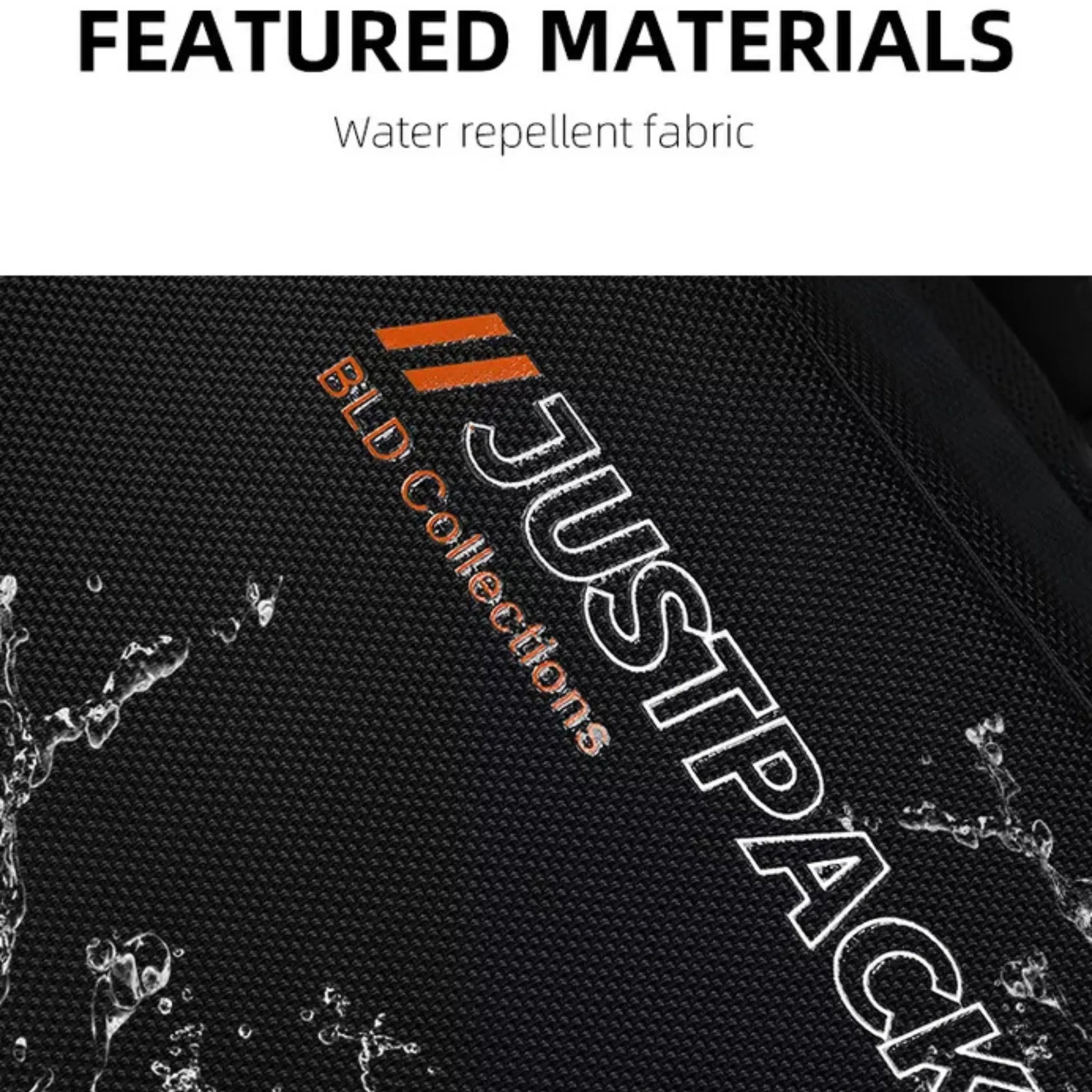 Black fabric with 'JUSTPACK' branding and water droplets, labeled as water repellent.