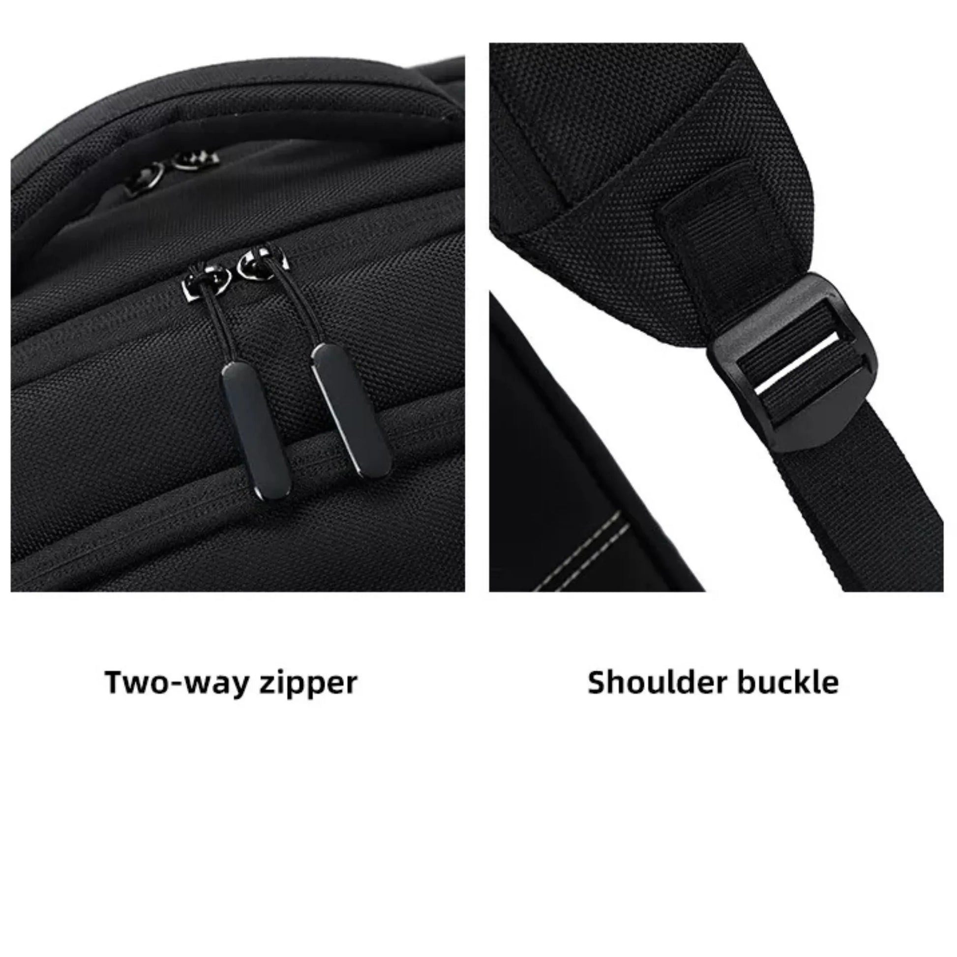 Black backpack with two-way zipper and shoulder buckle on a white background