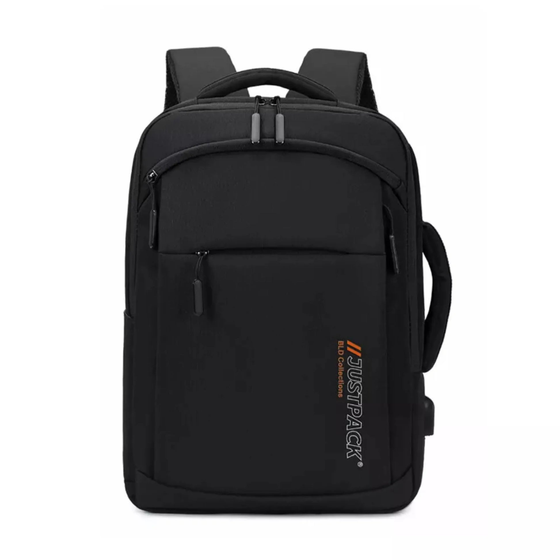 Black backpack with 'JUSTPACK' branding on a white background