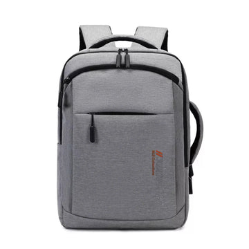Gray backpack with a small logo on a white background