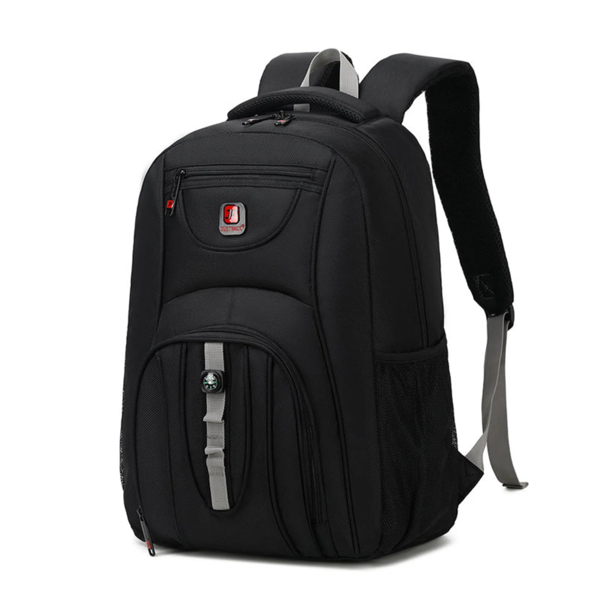 Black backpack with visible brand logo on a white background