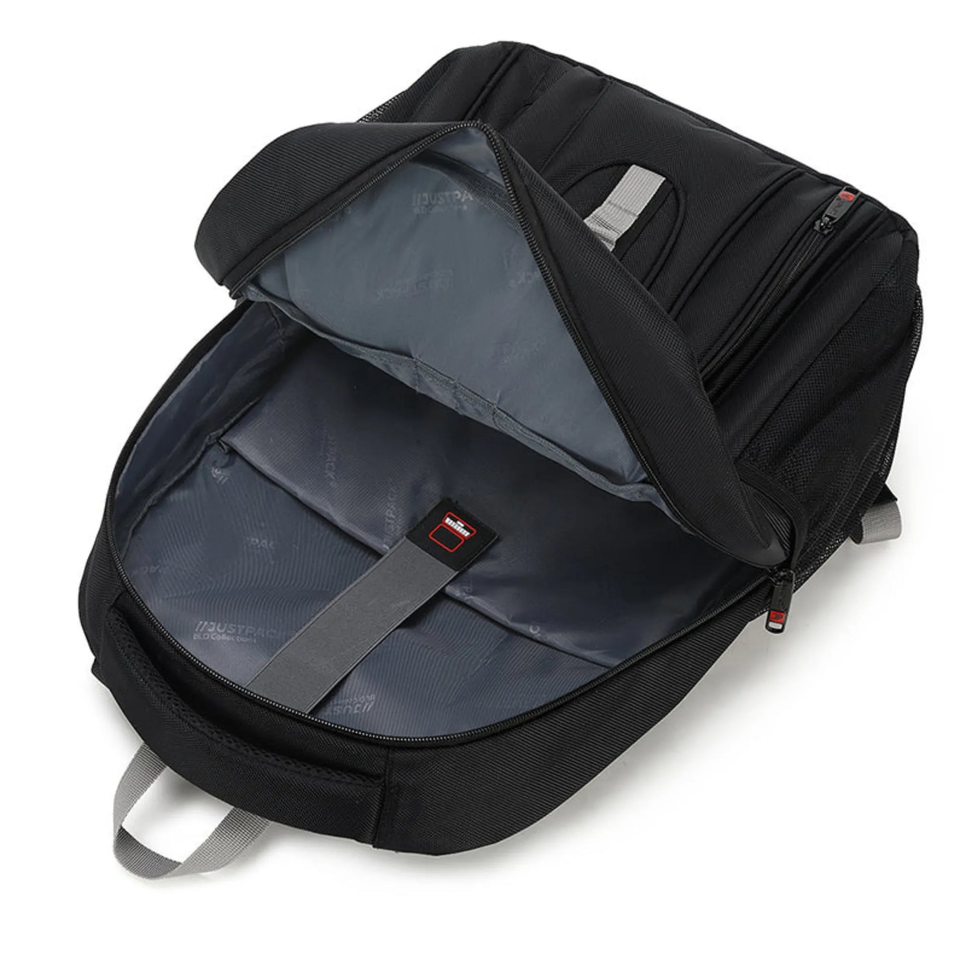 Black backpack with open front compartment on a white background