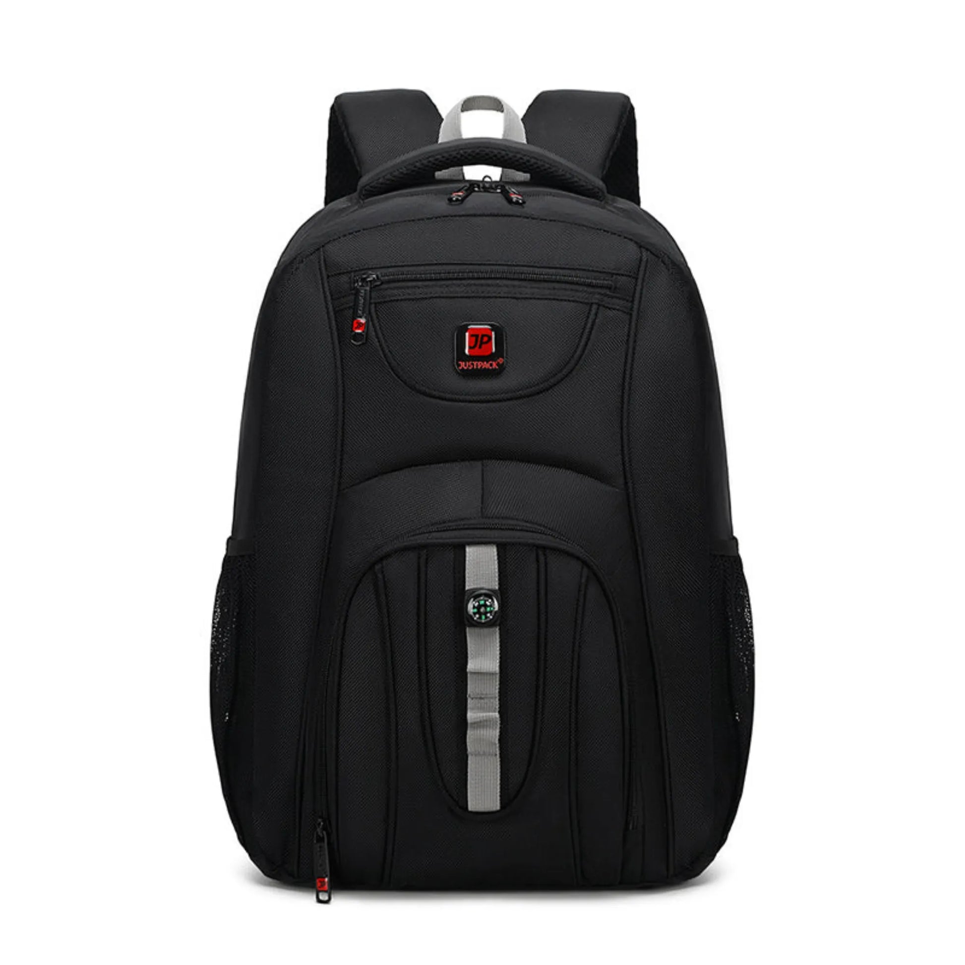 Black backpack with visible brand logo on a white background