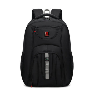 Black backpack with visible brand logo on a white background