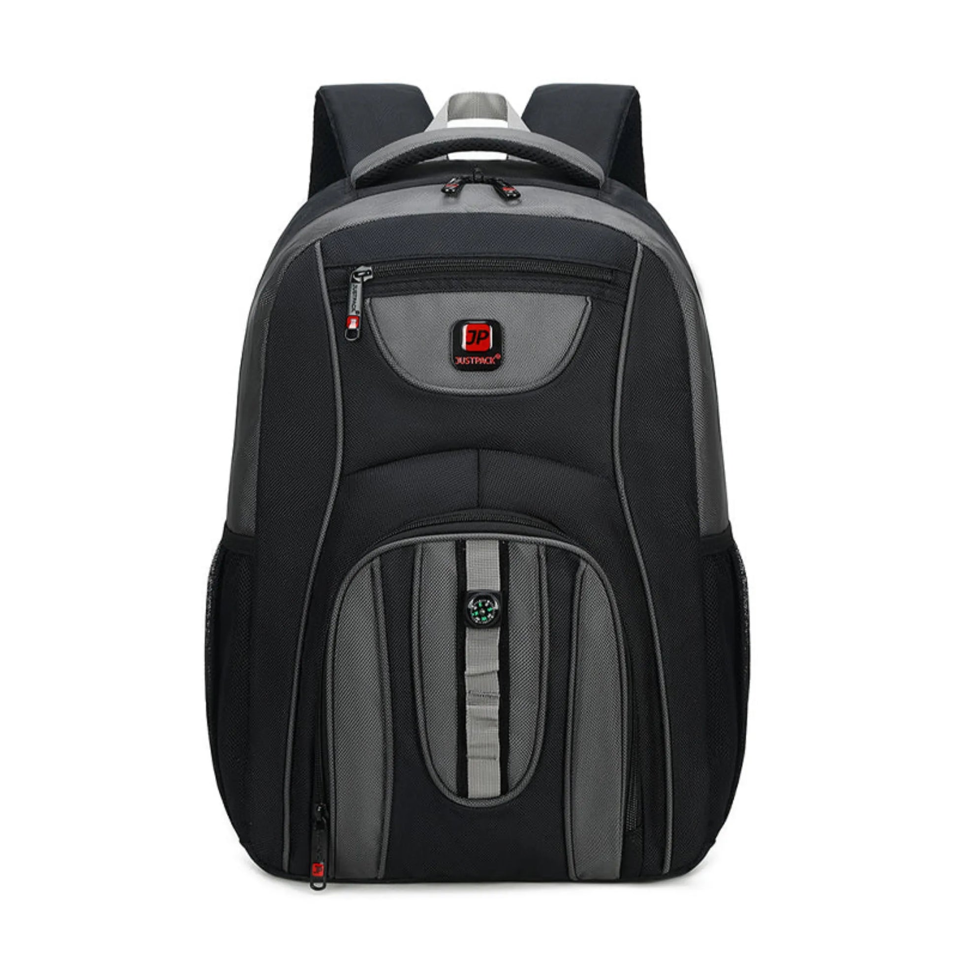 Black and gray backpack with a visible brand logo on a white background