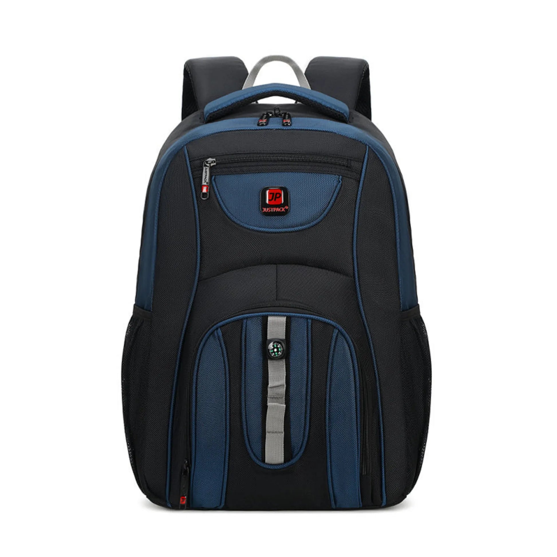 Black and blue backpack on a white background