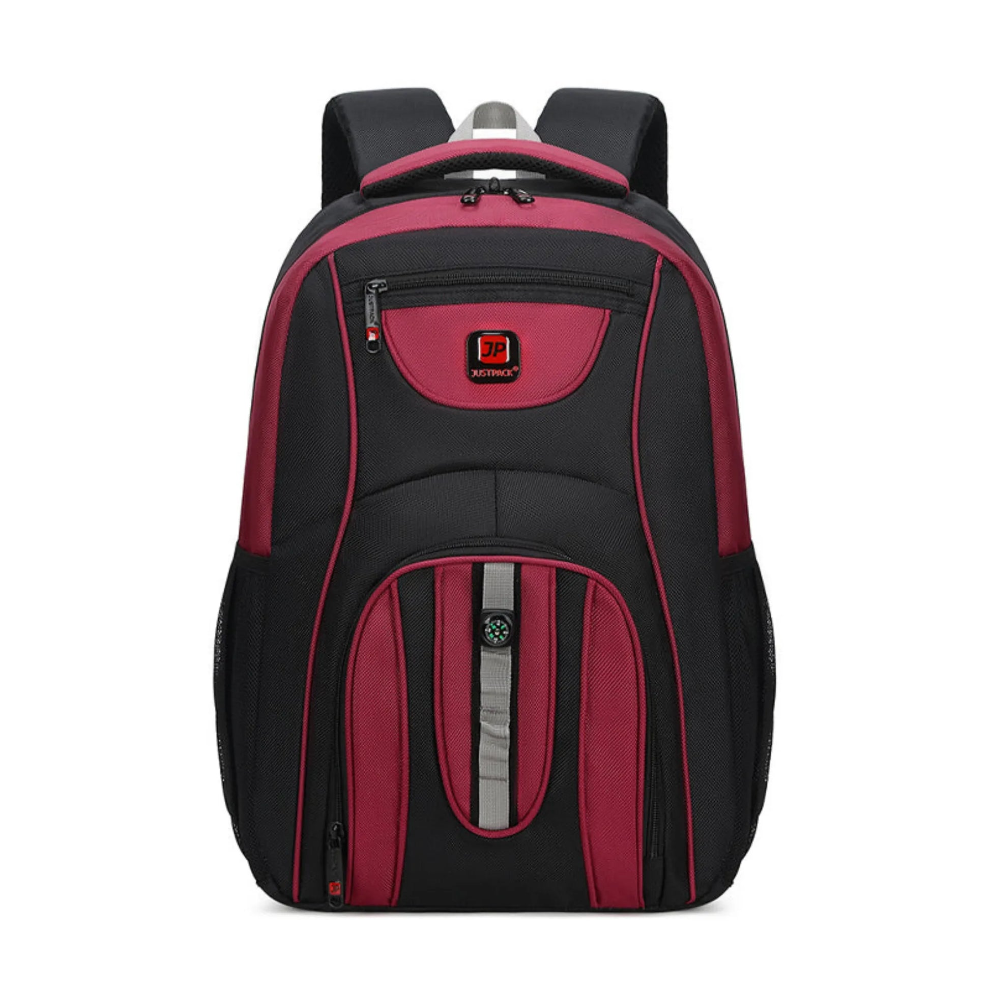 Black and red backpack on a white background