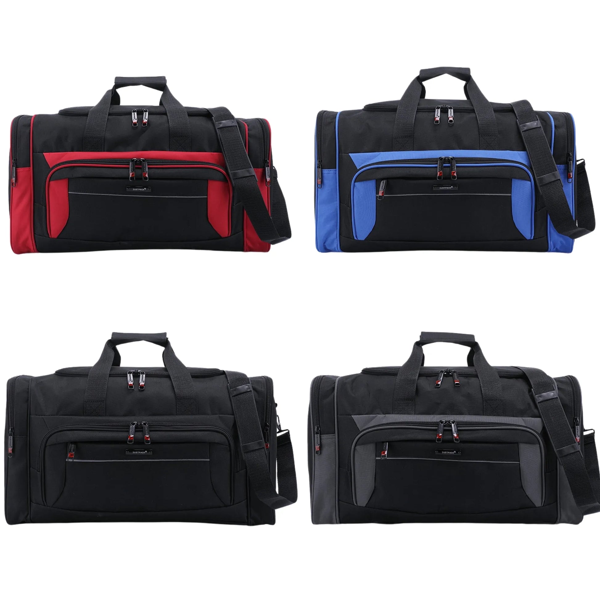 Four duffel bags in different colors on a white background