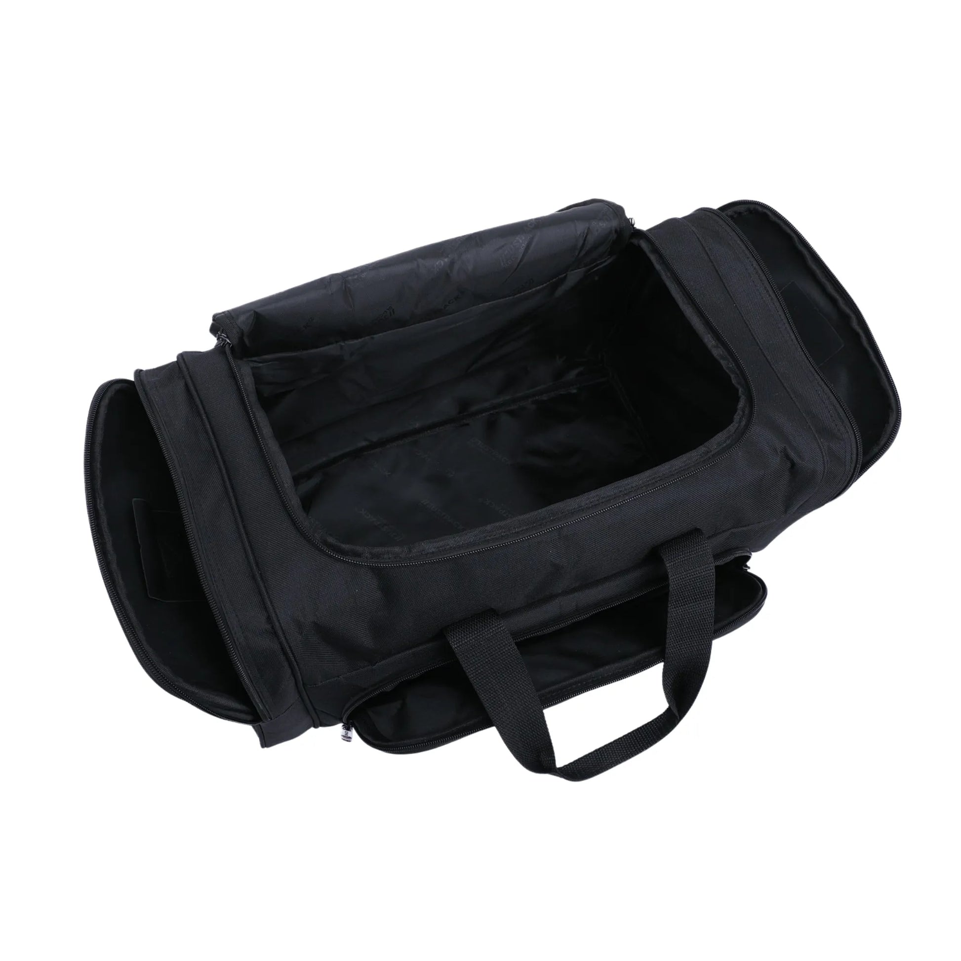 Black duffel bag on a white background