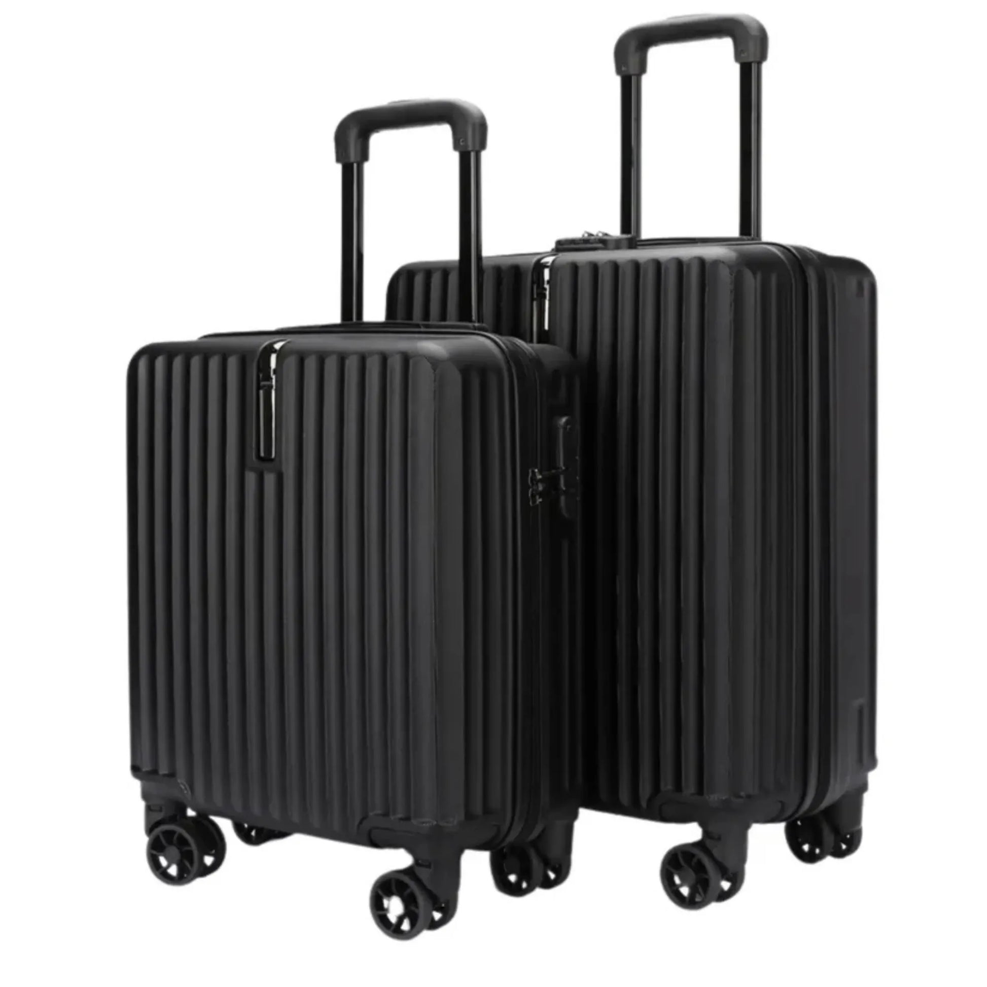 Two black suitcases with wheels on a white background