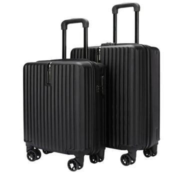 Two black suitcases with wheels on a white background